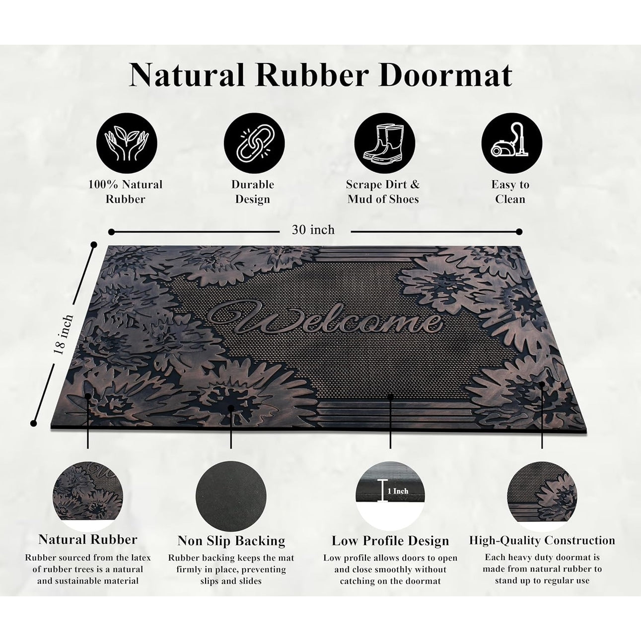 A1HC Floral Welcome Door Mat 18"x30", Outdoor Rubber Entrance Mat with Non-Slip Backing