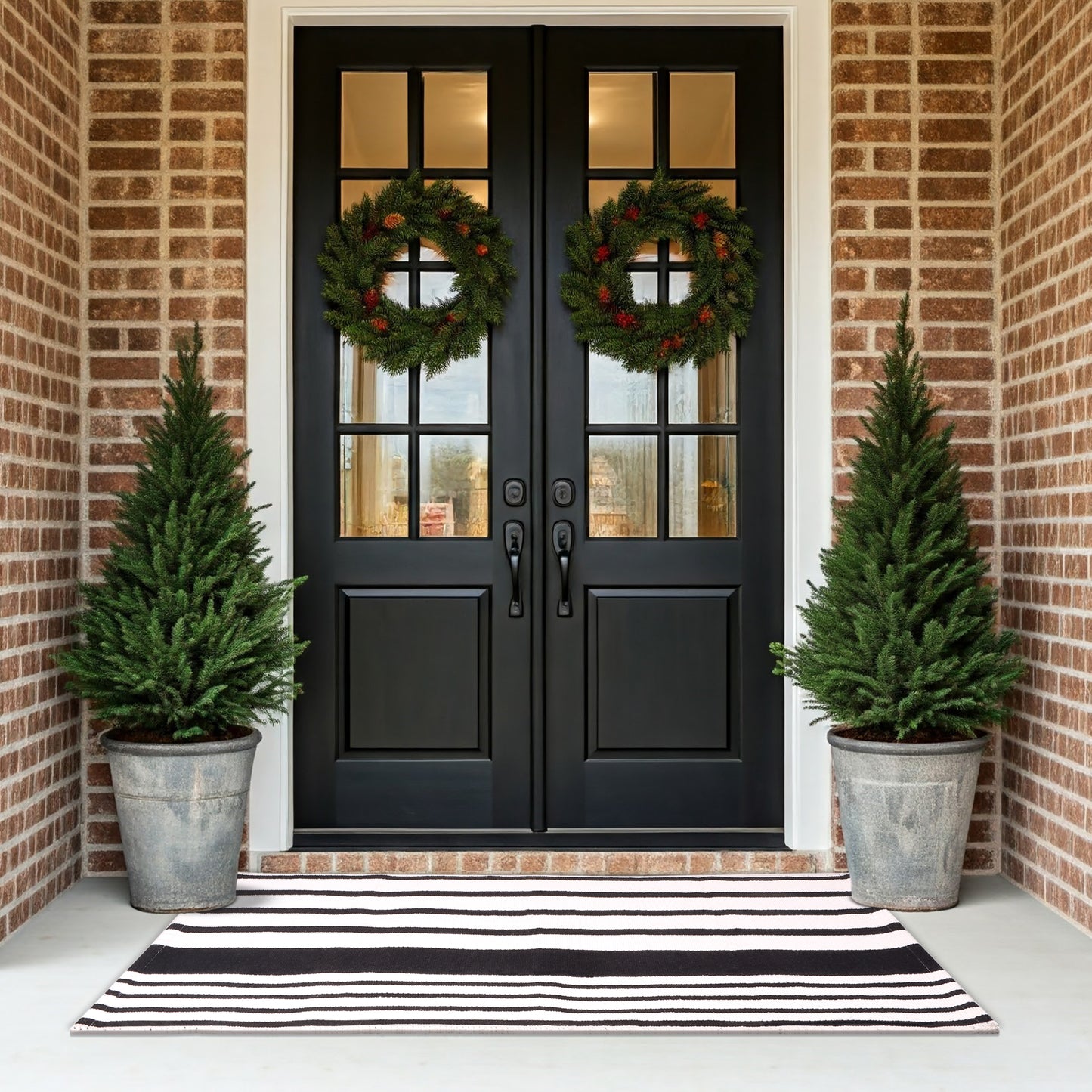 A1HC Black and White Striped 24"x51" Hand-Woven Cotton Front Door Rug
