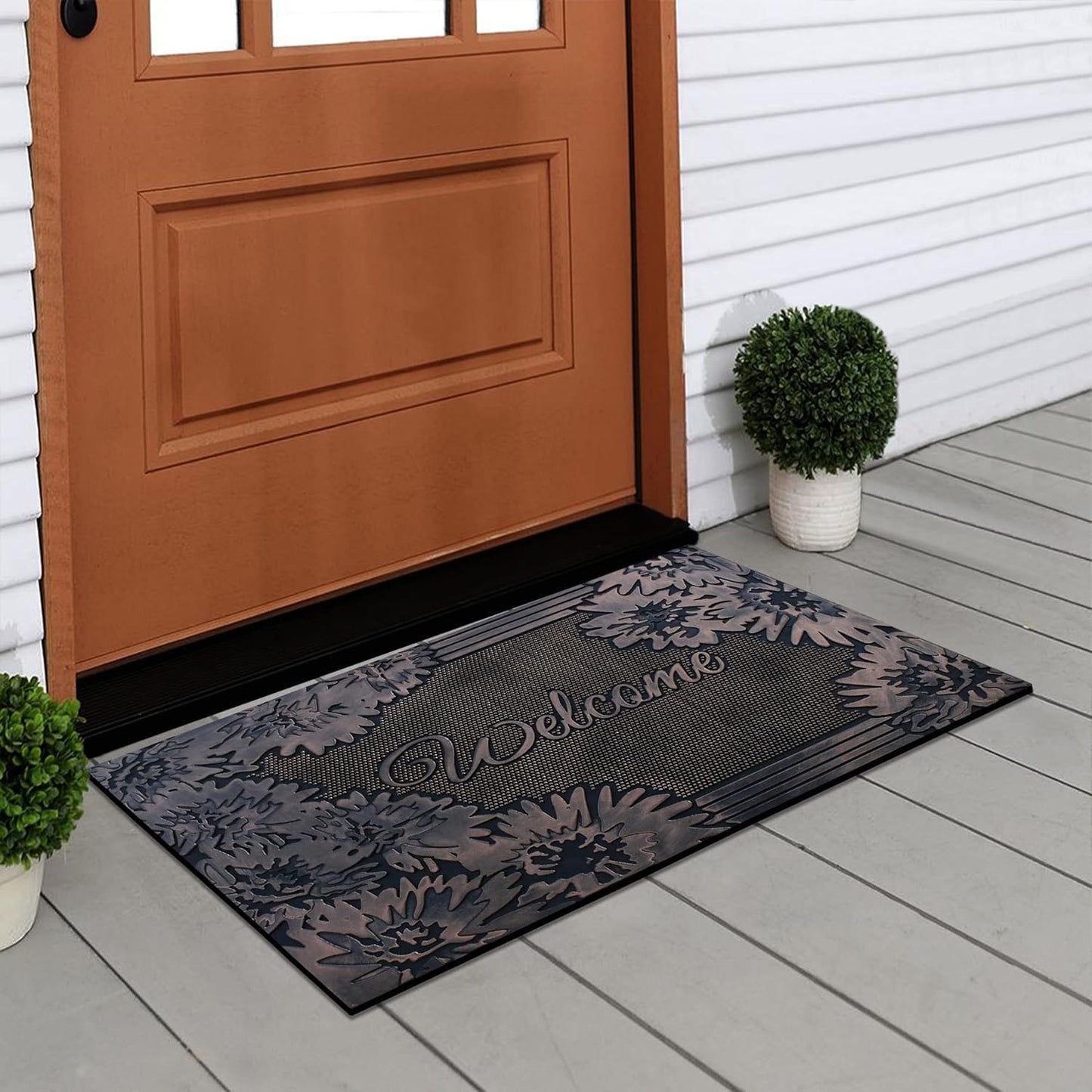 A1HC Floral Welcome Door Mat 18"x30", Outdoor Rubber Entrance Mat with Non-Slip Backing