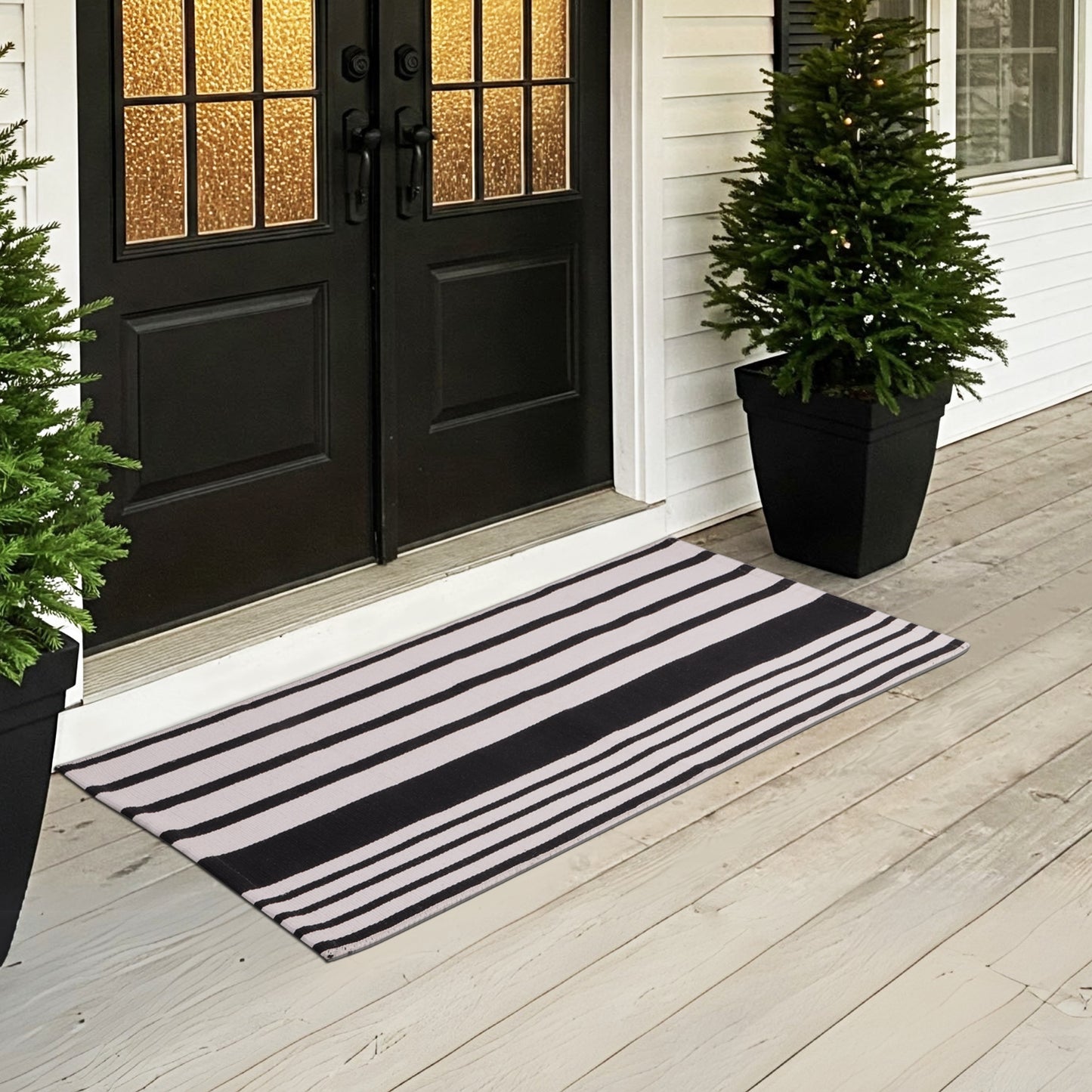 A1HC Black and White Striped 24"x51" Hand-Woven Cotton Front Door Rug