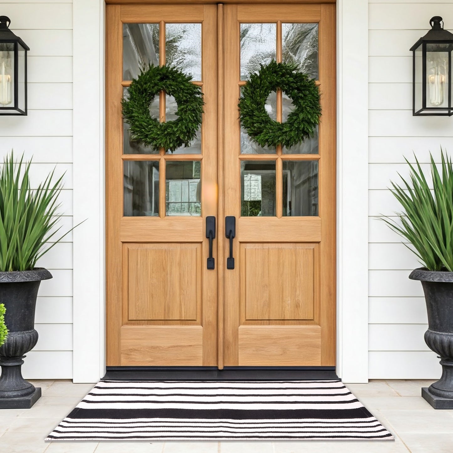 A1HC Black and White Striped 24"x51" Hand-Woven Cotton Front Door Rug
