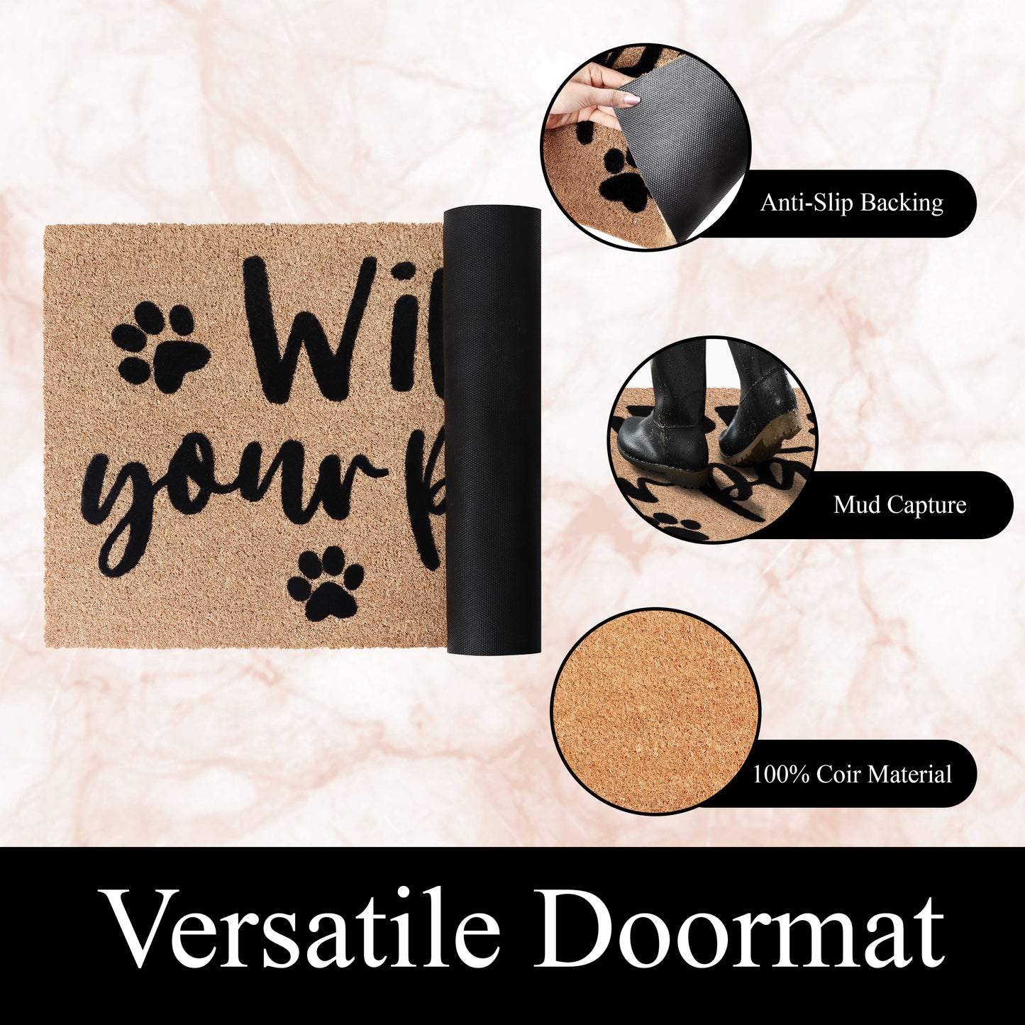 A1HC Natural Coir Flocked Door mat with Heavy Duty Non-Slip PVC Backing, Low-Profile Durable Doormat