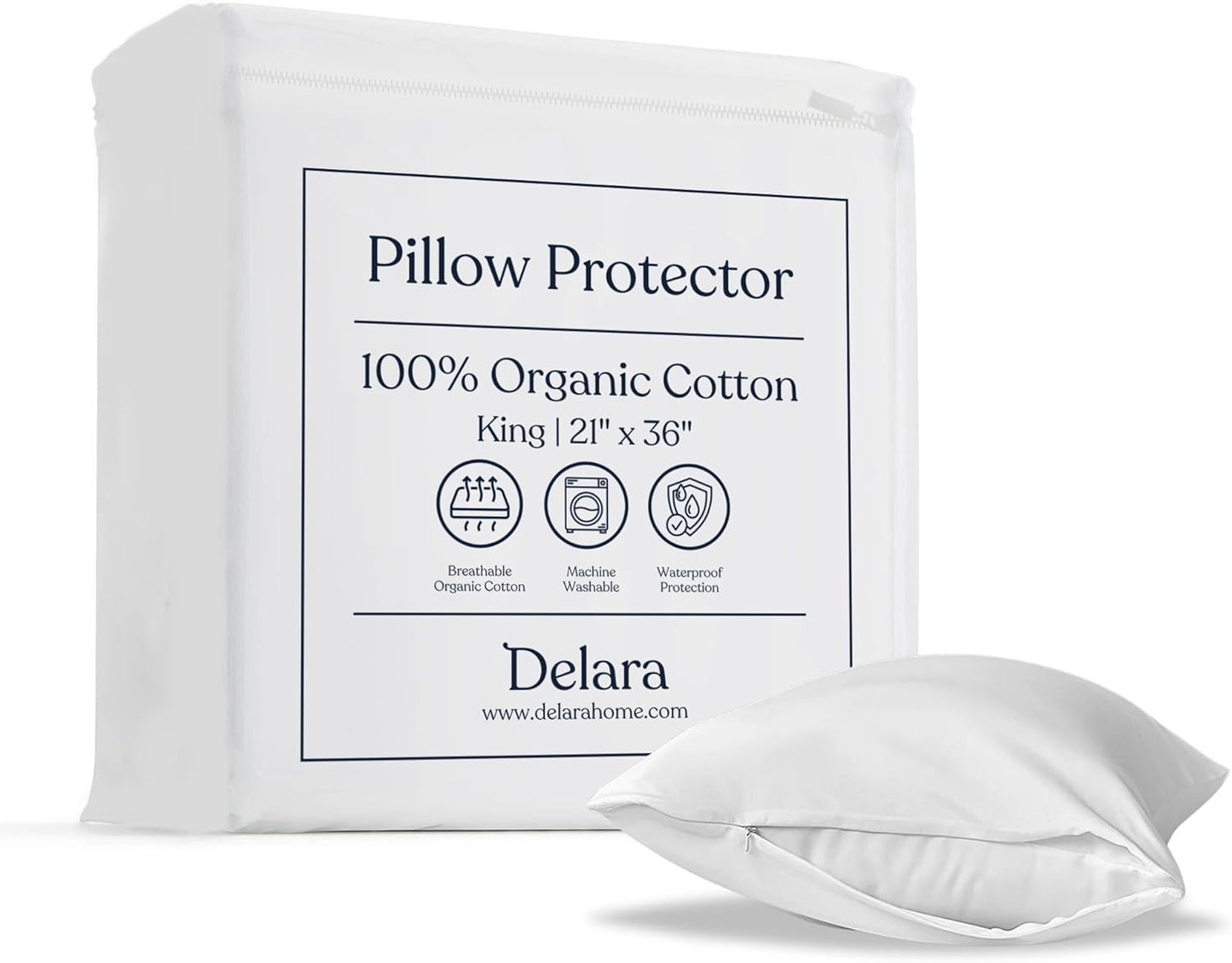 Delara Organic Cotton Pillow Protectors, GOTS Certified, Waterproof, Ultra-Soft, Zipper Closure