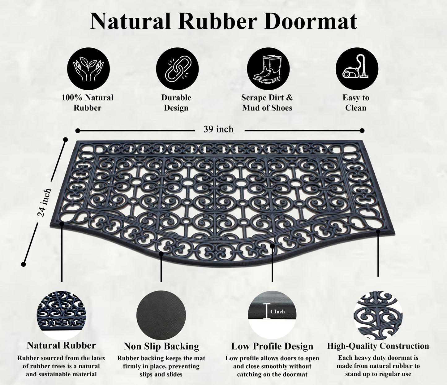 A1HC Large Outdoor Floor Door Mat, 24"X39", Natural Rubber Grill Drainable Design & Anti Fatigue Doormat