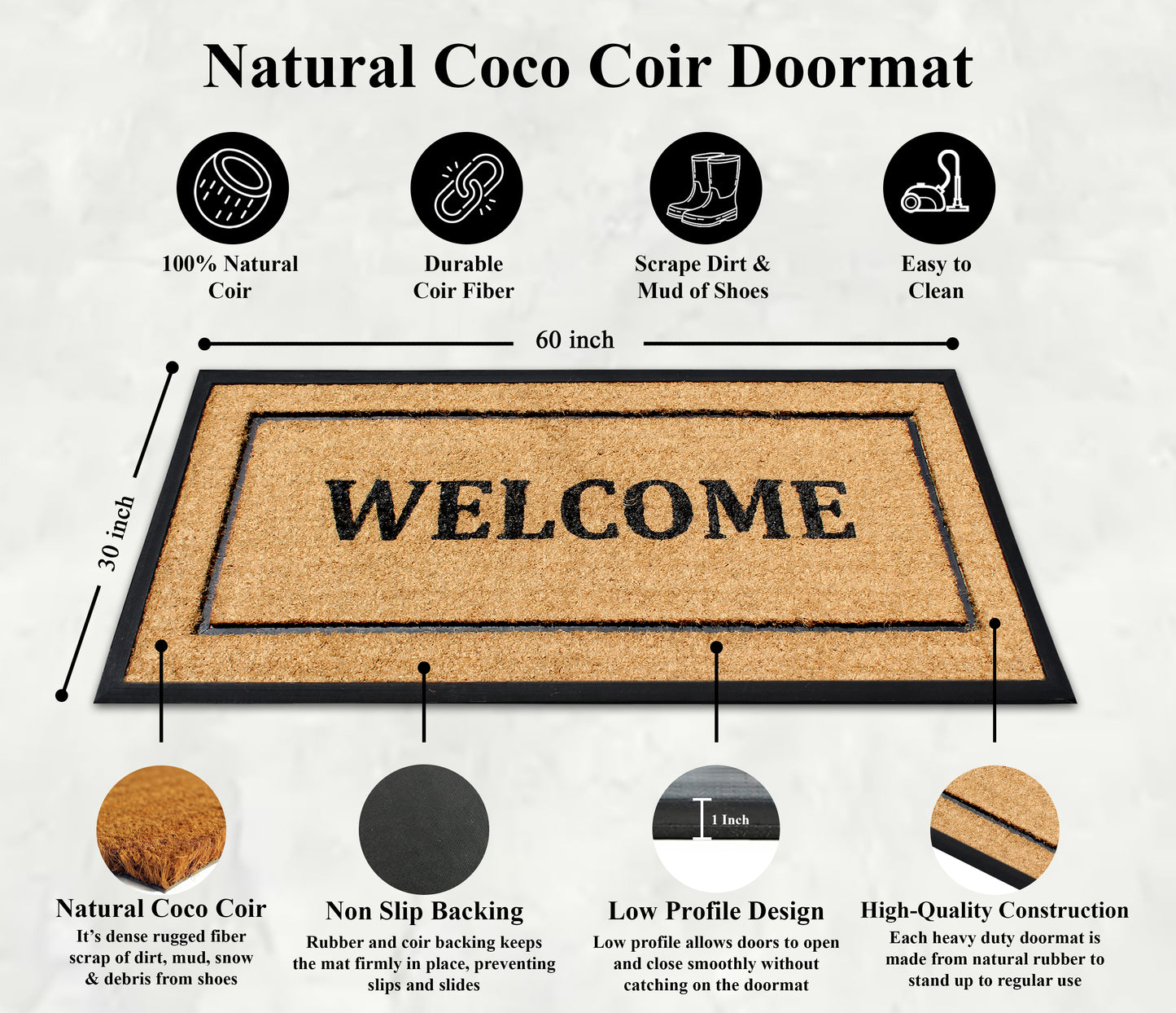 A1HC Extra Large Welcome Doormat 30"X60", Rubber & Coir, Heavy Duty, Thin Profile Front Door Mat