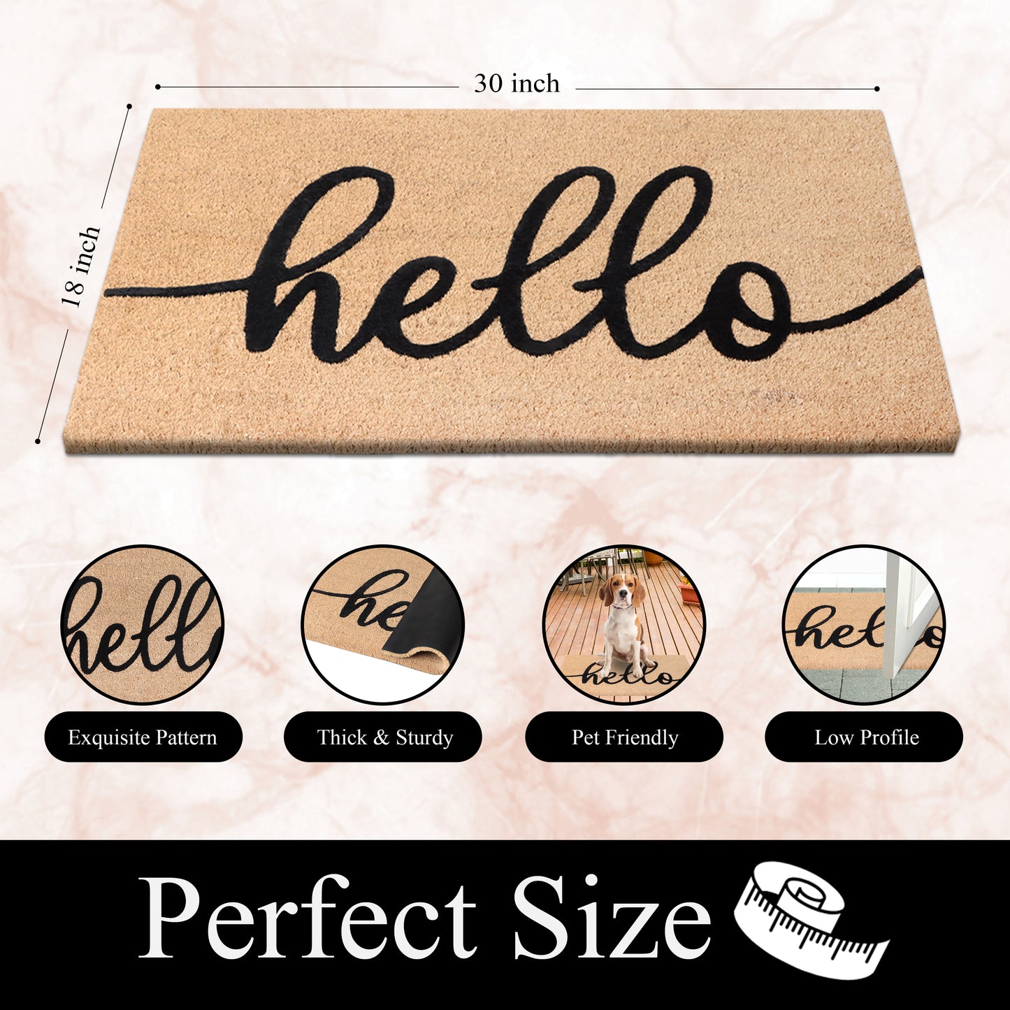 A1HC Natural Coir Flocked Door mat with Heavy Duty Non-Slip PVC Backing, Low-Profile Durable Doormat
