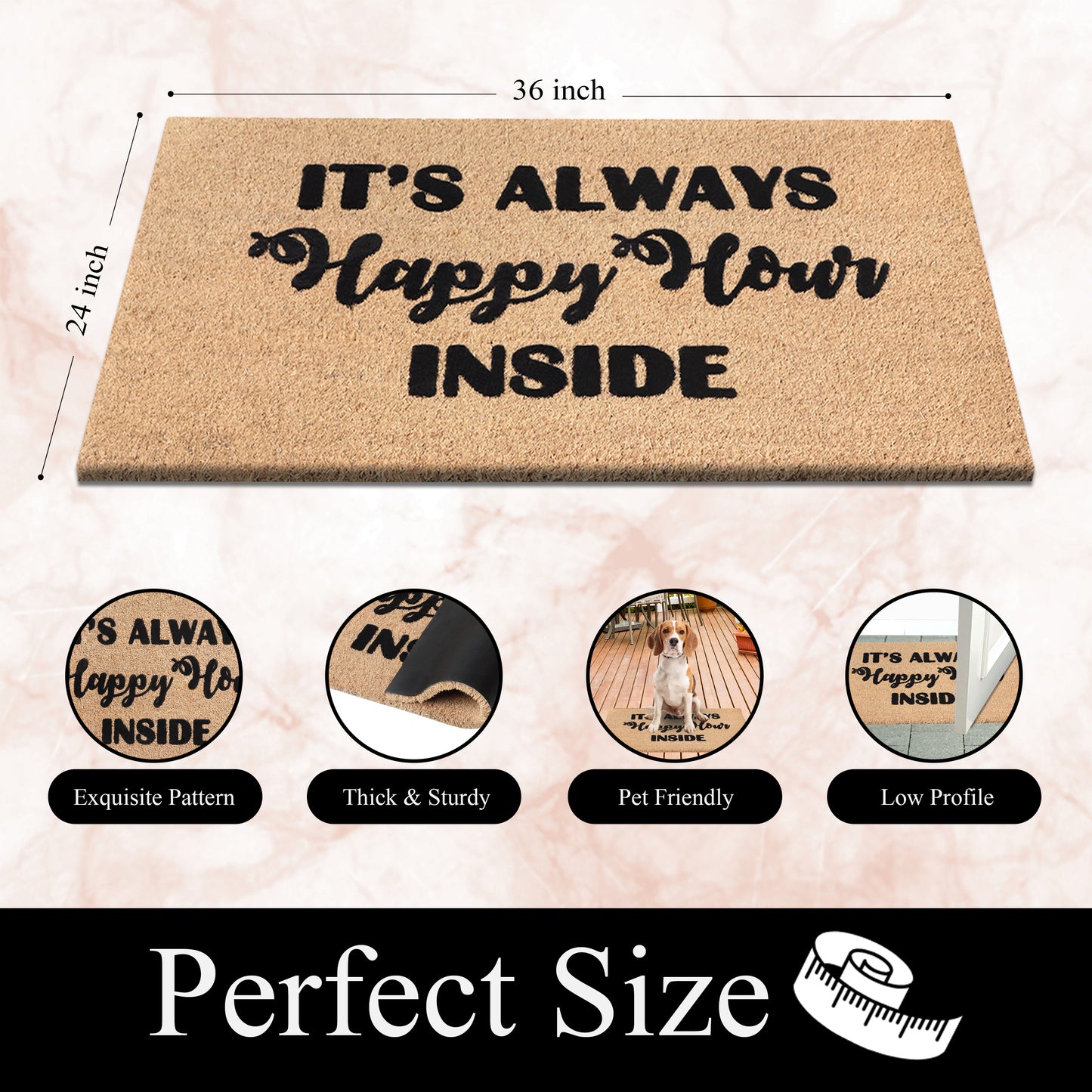 A1HC Natural Coir Flocked Door mat with Heavy Duty Non-Slip PVC Backing, Low-Profile Durable Doormat