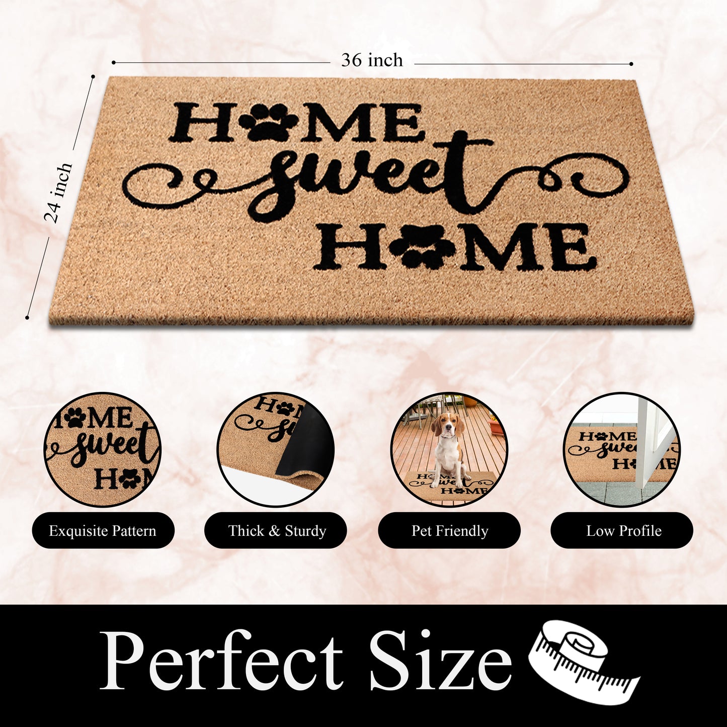A1HC Natural Coir Flocked Door mat with Heavy Duty Non-Slip PVC Backing, Low-Profile Durable Doormat