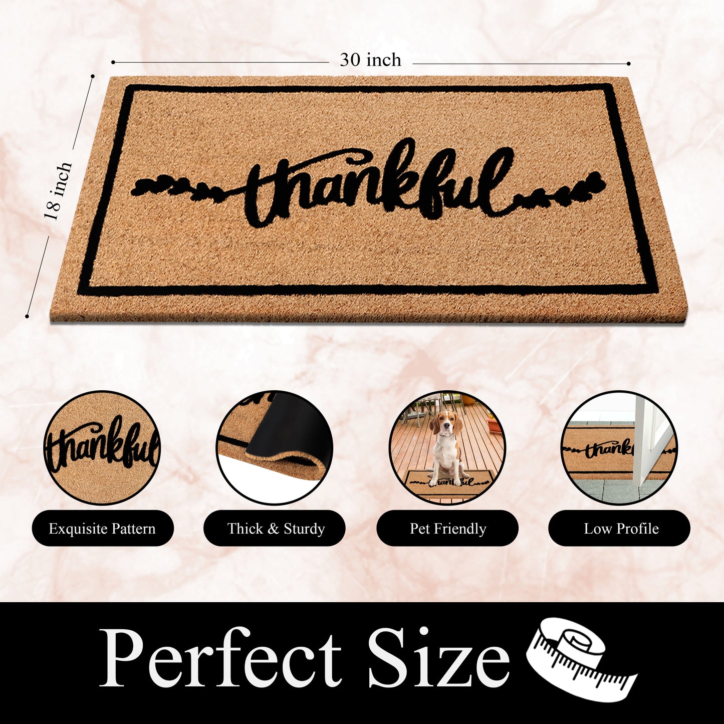 A1HC Natural Coir Flocked Door mat with Heavy Duty Non-Slip PVC Backing, Low-Profile Durable Doormat