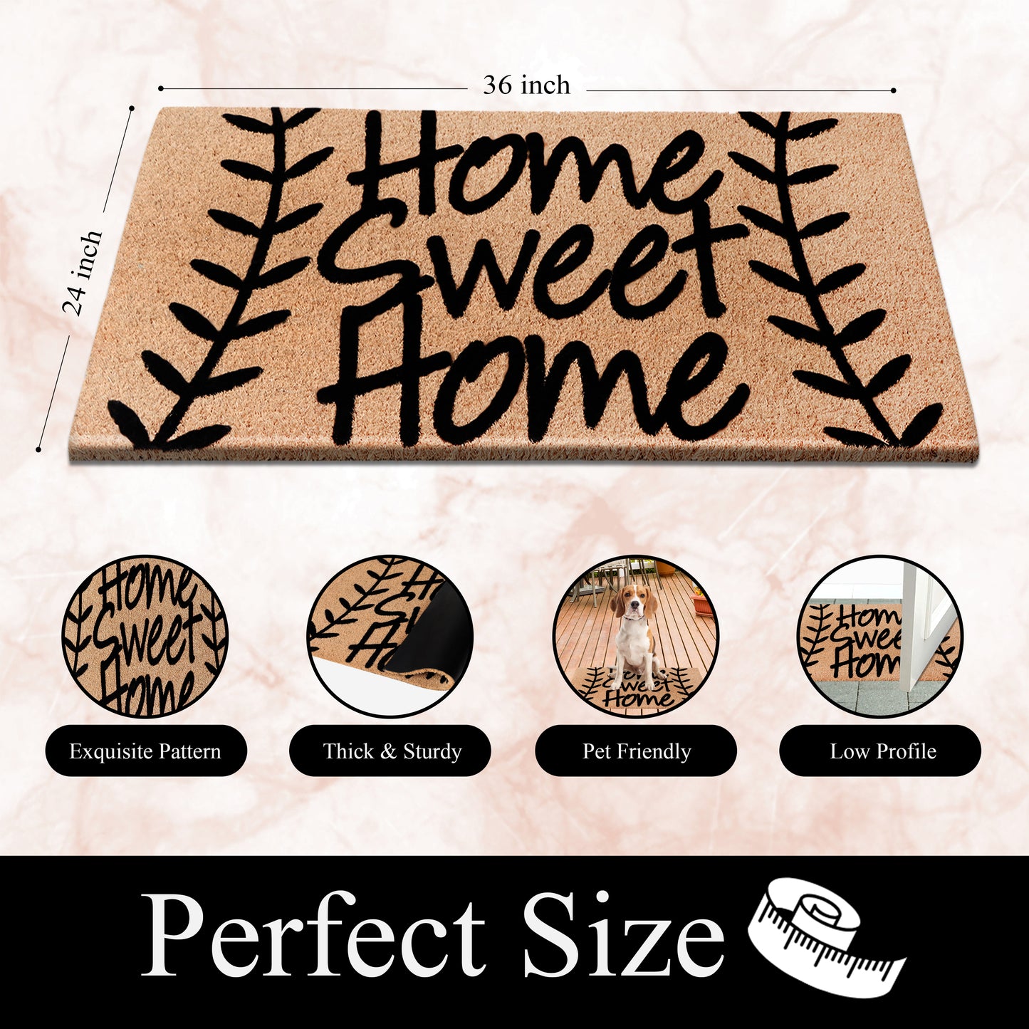 A1HC Natural Coir Flocked Door mat with Heavy Duty Non-Slip PVC Backing, Low-Profile Durable Doormat