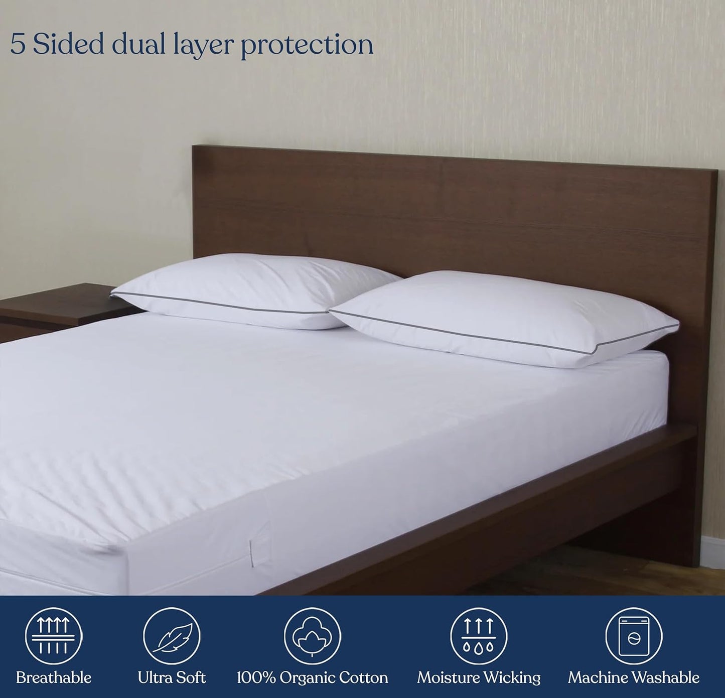Delara Organic Cotton Pillow Protectors, GOTS Certified, Waterproof, Ultra-Soft, Zipper Closure