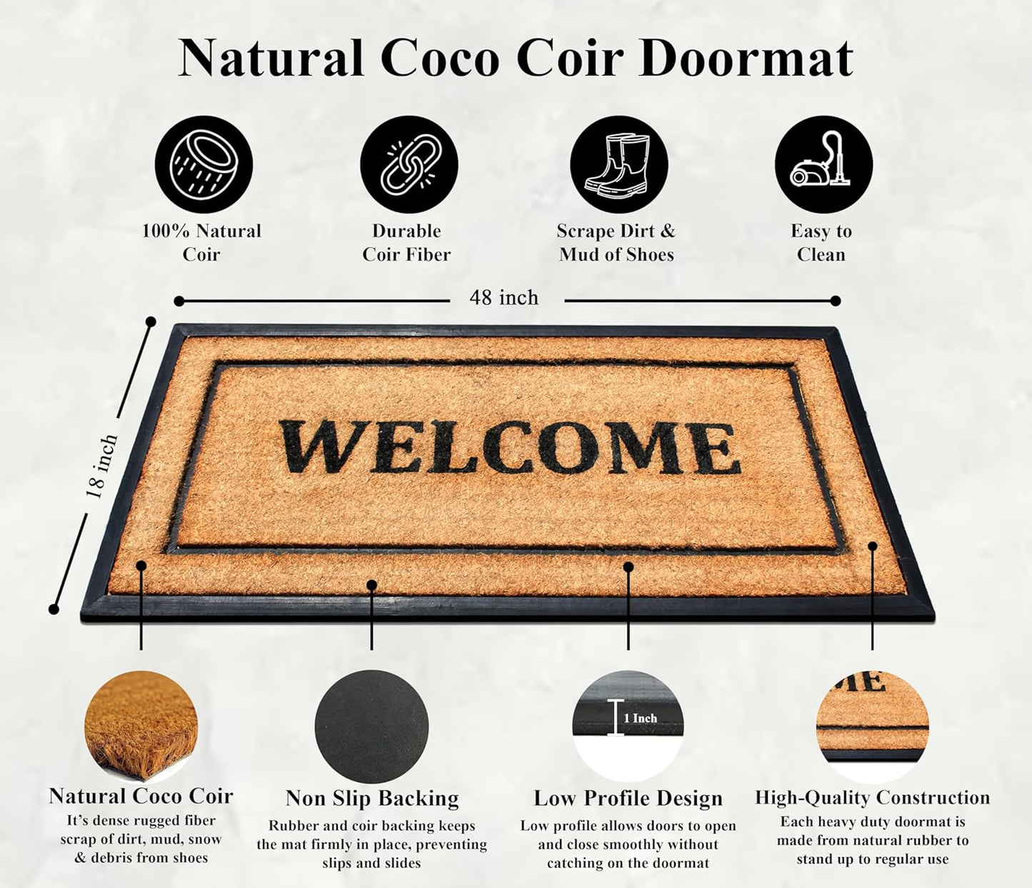 A1HC Coir and Rubber Door Mat 24"x48", Durable Non-Slip Large Welcome Mat for Entryway, Patio