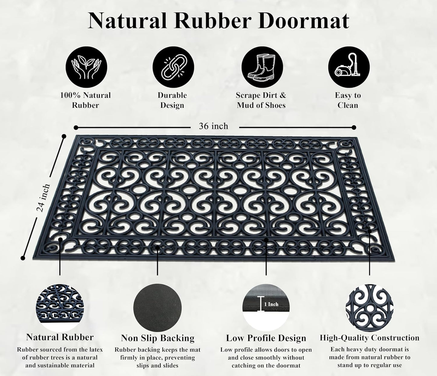 A1HC Large Outdoor Rubber Floor Mat, 24"X36”, All Weather Heavy Duty Doormat for Indoor Outdoor Use