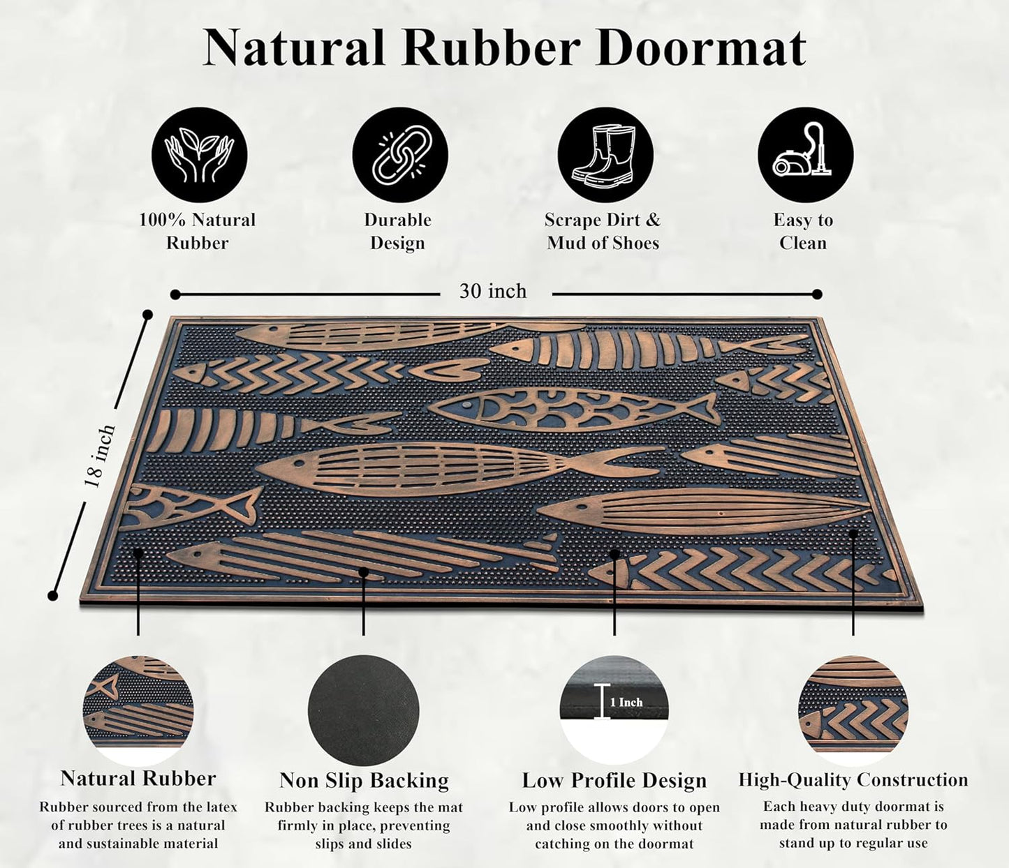 A1HC Nautical Fish Bronze Welcome Door Mat 18"x30" Outdoor Rubber Entrance Mat with Non-Slip Backing