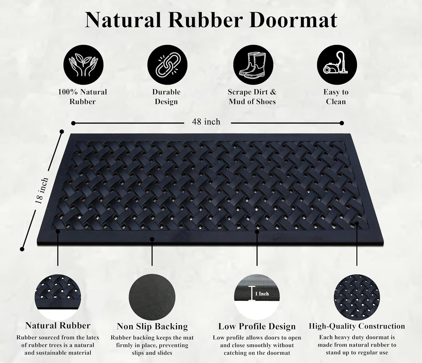 A1HC Natural Rubber Floor Mat 18" x 48", Dirt Shoe Scraper, Heavy Duty Doormat for Indoor & Outdoor
