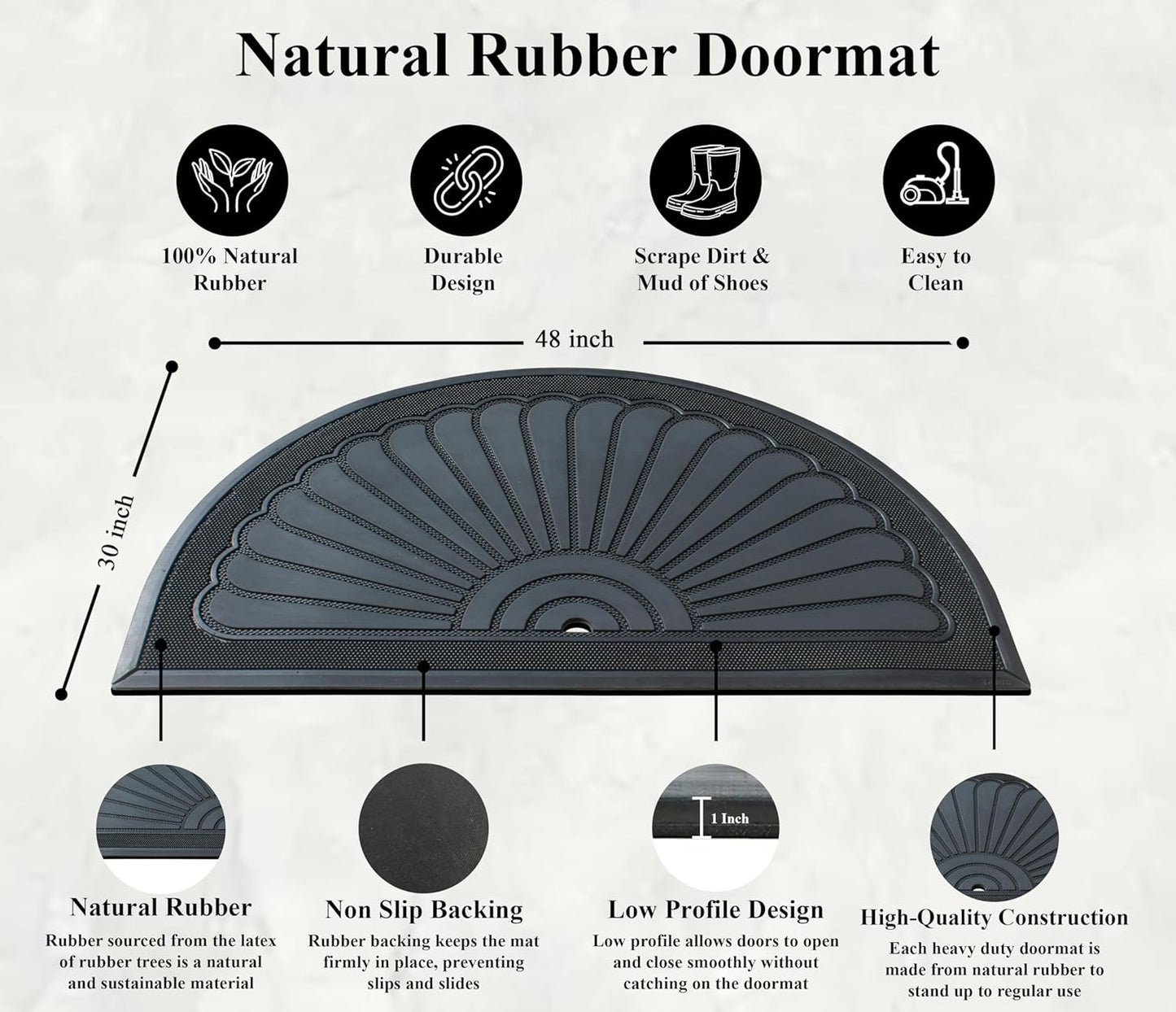 A1HC 100% Pure Rubber Front Door Mat 30”x48”, Non-Slip, Thin Profile Heavy Duty Doormat