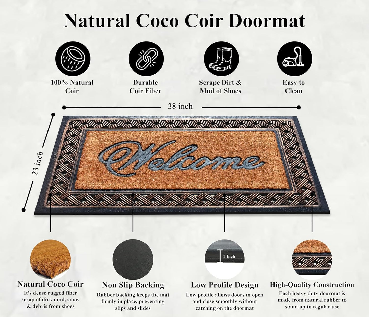 A1HC Rubber and Coir Door Mat 23"x38", Thick Durable Welcome Doormat for Indoor Outdoor Entrance