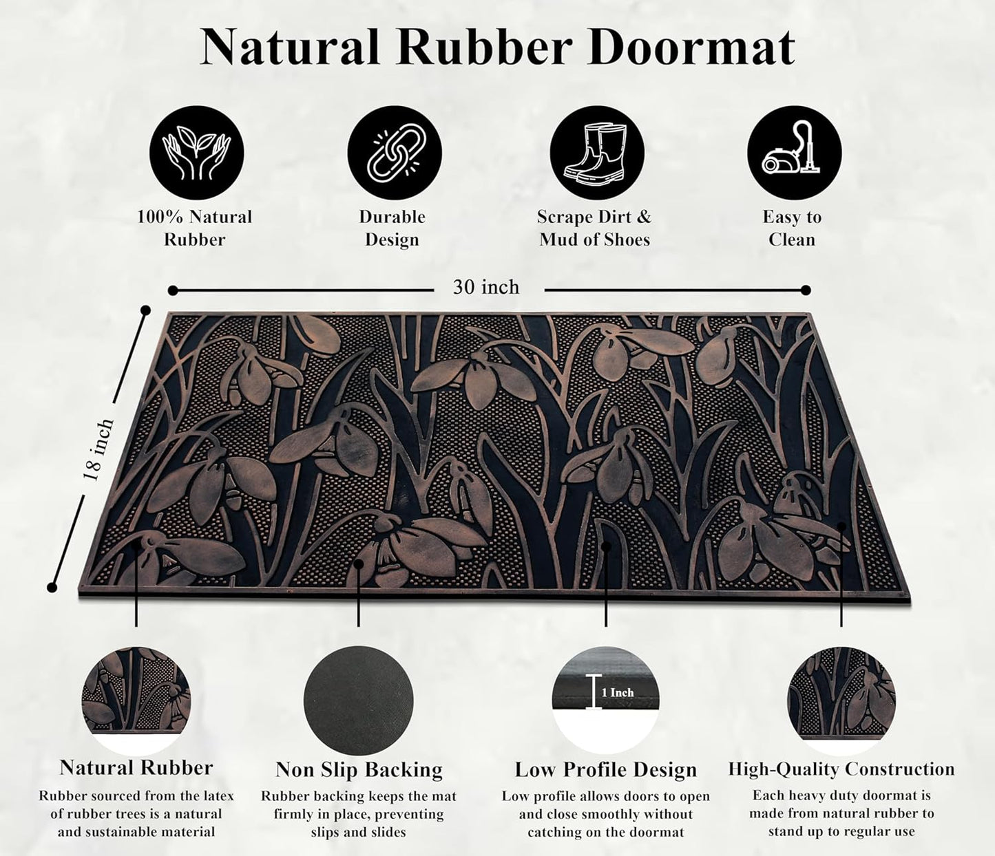 A1HC Wild Flowers Copper Welcome Door Mat 18"x30", Outdoor Rubber Entrance Mat with Non-Slip Backing