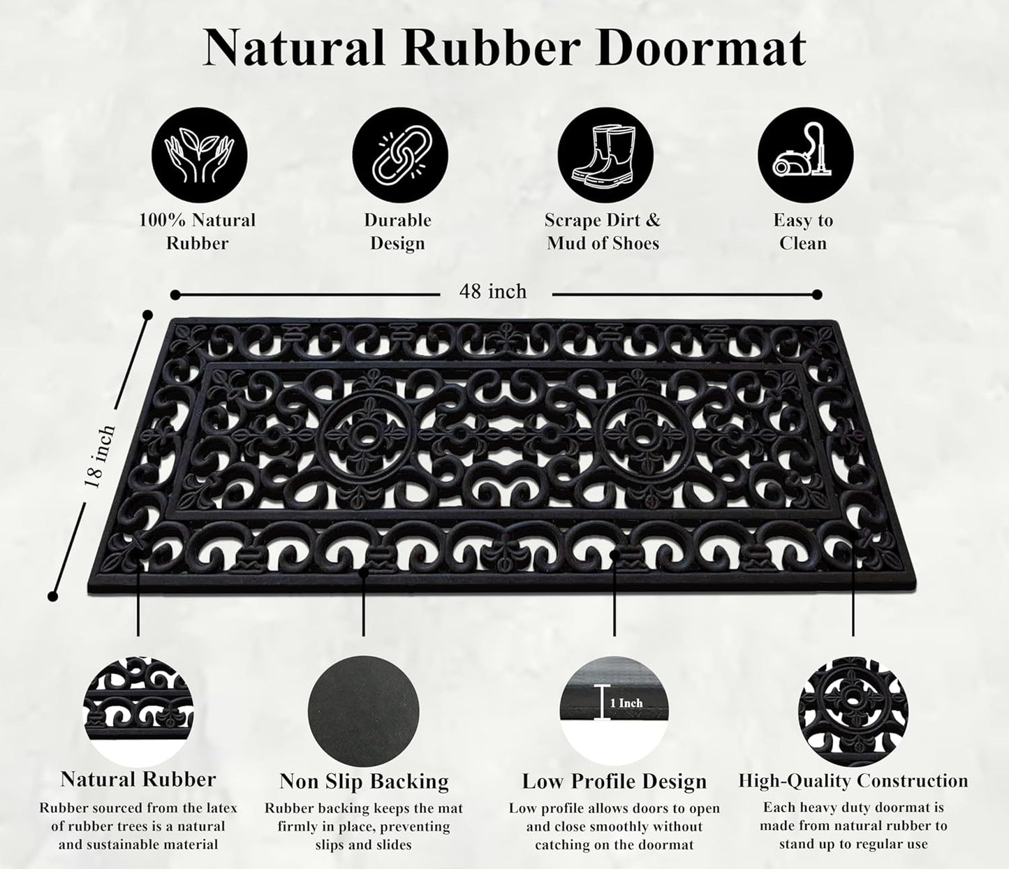 A1HC Indoor Outdoor Floor Mat 18x48, Natural Rubber Entryway Doormat, Dirt Shoe Scraper Floormat