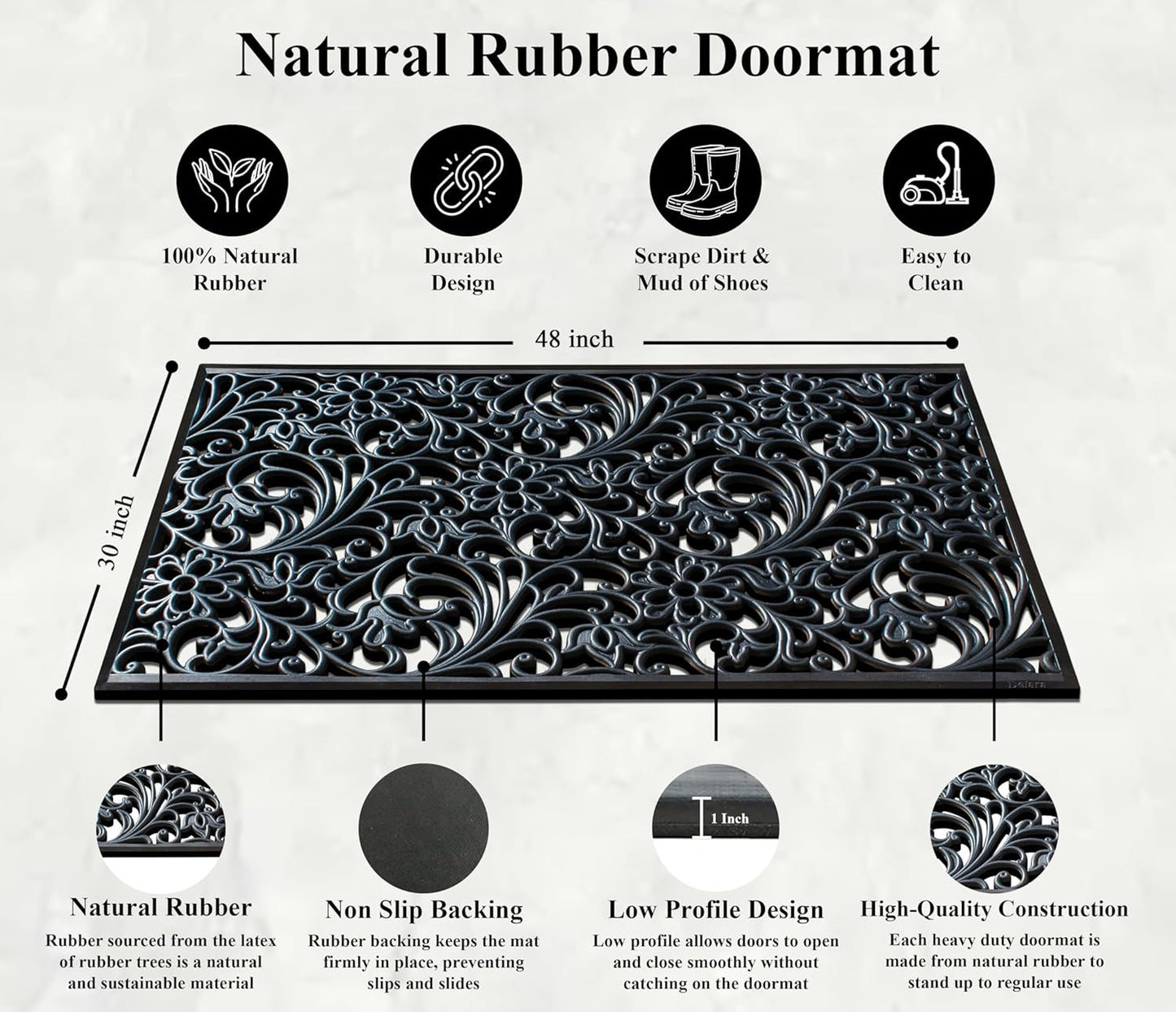 A1HC 100% Rubber Outdoor Doormat, Floral Paisley, 30"x48", All-Weather, Slip-Resistant, Mats for Entryways