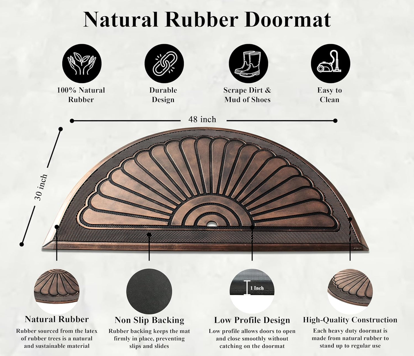 A1HC 100% Pure Rubber Front Door Mat 30”x48”, Non-Slip, Thin Profile Heavy Duty Doormat