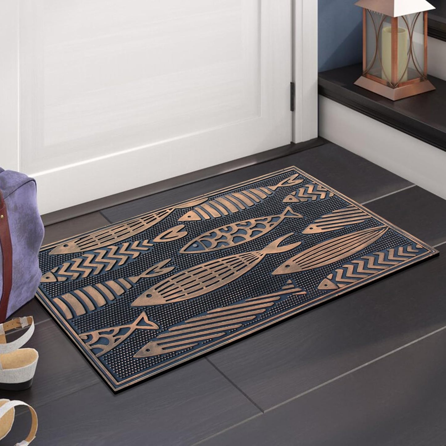 A1HC Nautical Fish Bronze Welcome Door Mat 18"x30" Outdoor Rubber Entrance Mat with Non-Slip Backing