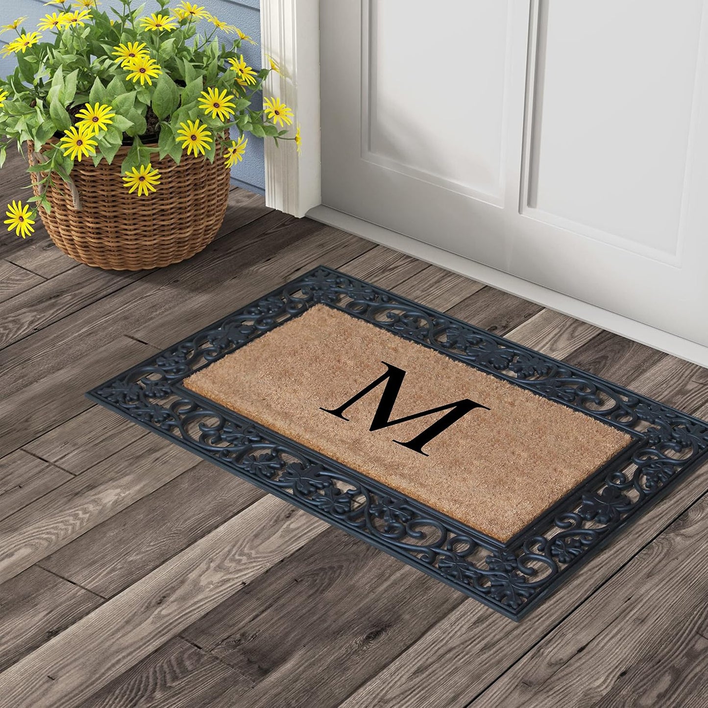 A1HC Natural Coir Monogrammed 23"X38", Anti‑Shed Treated Durable Doormat for Outdoor Entrance