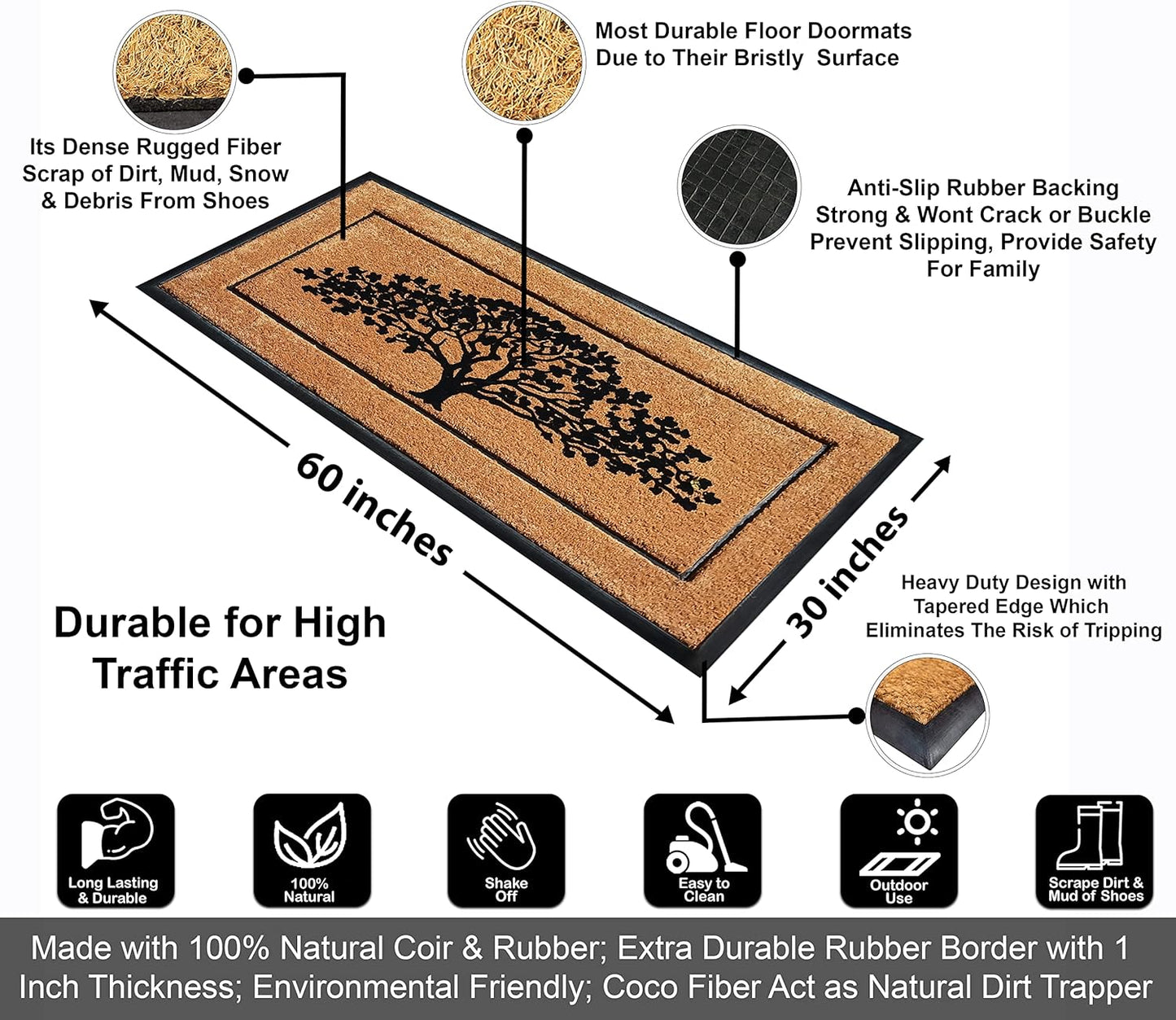 A1HC Natural Coir & Rubber Door Mat, 30"x60", Thick, Durable, Heavy Duty, Anti-Shed, Outdoor Entrance Doormat