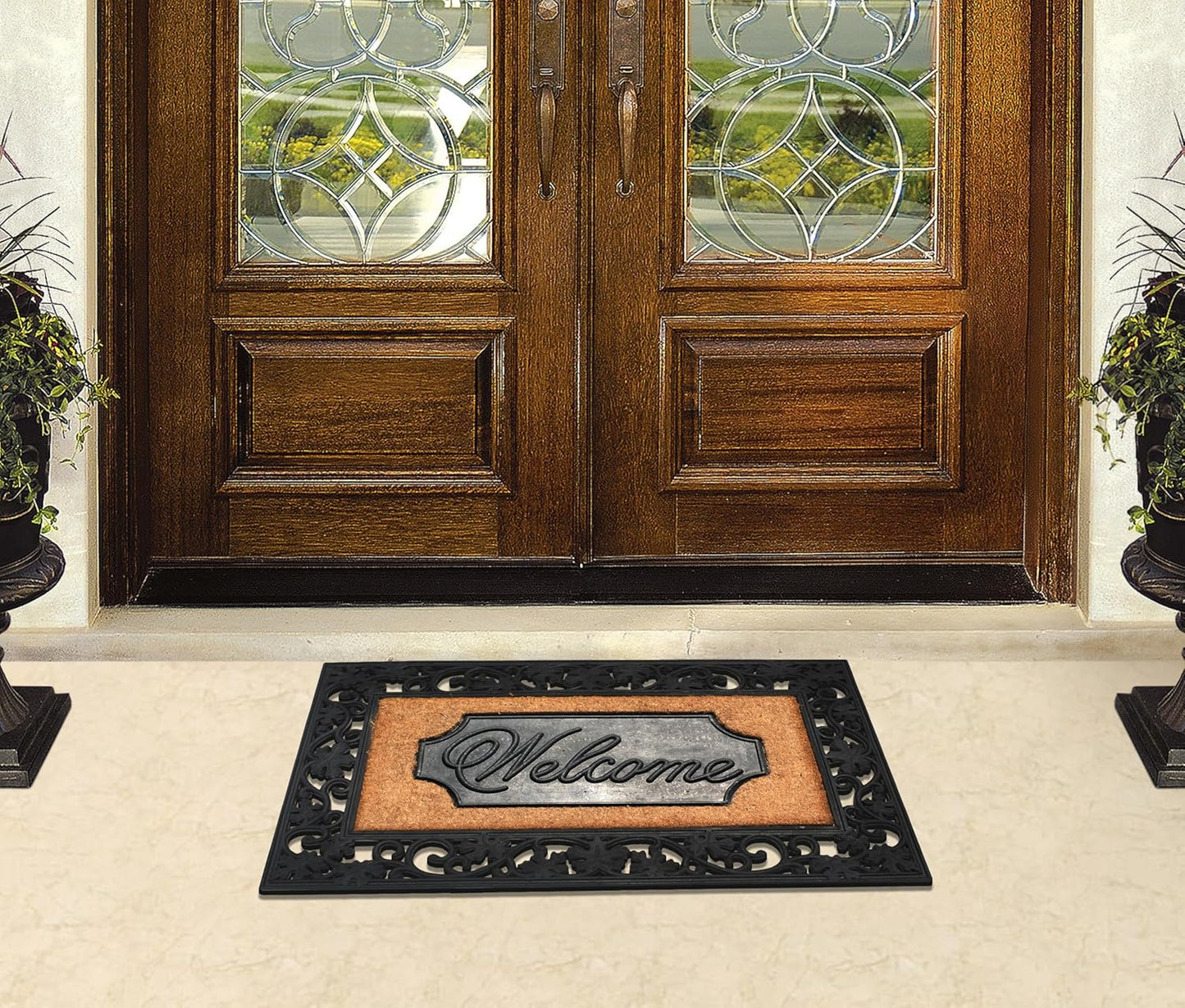 A1HC Natural Coir and Rubber Black Floral Border 18"x30" Welcome Doormat