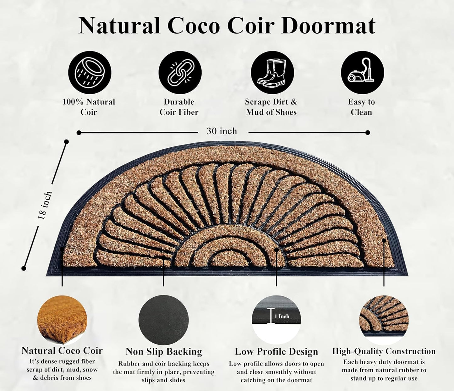 A1HC Natural Coir and Rubber Half Round Door Mat 30”x48”, Non-Slip, Thin Profile Heavy Duty Doormat