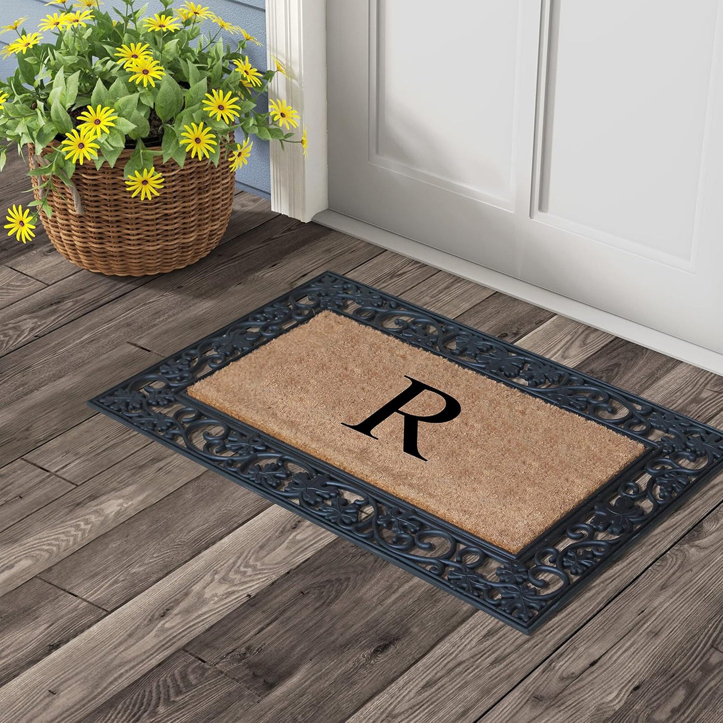 A1HC Natural Coir Monogrammed 23"X38", Anti‑Shed Treated Durable Doormat for Outdoor Entrance