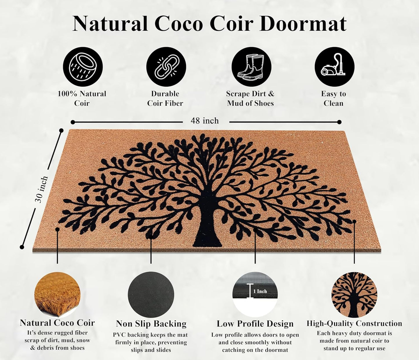 A1HC Coir Tree of Life Entrance Door Mats 30"x48", Non-Slip, Heavy Duty Flock Doormat