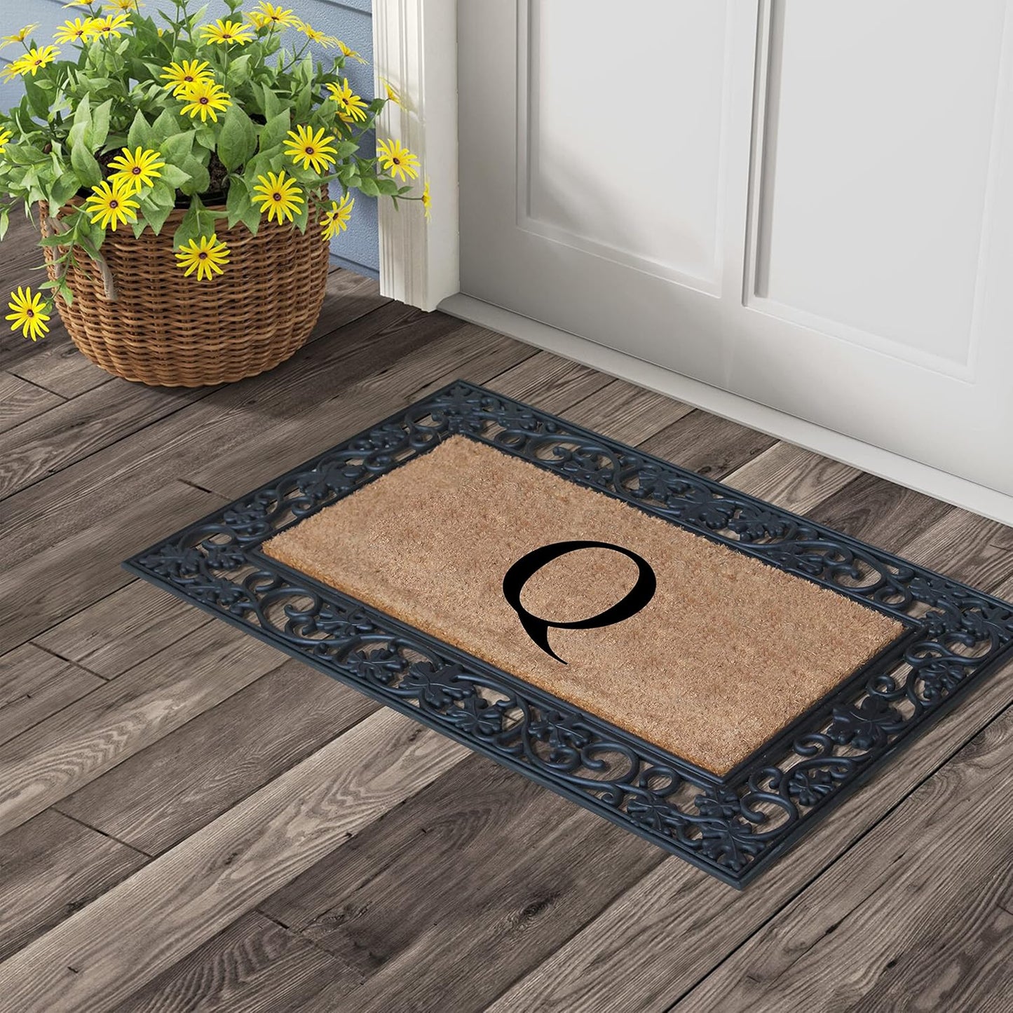 A1HC Natural Coir Monogrammed 23"X38", Anti‑Shed Treated Durable Doormat for Outdoor Entrance