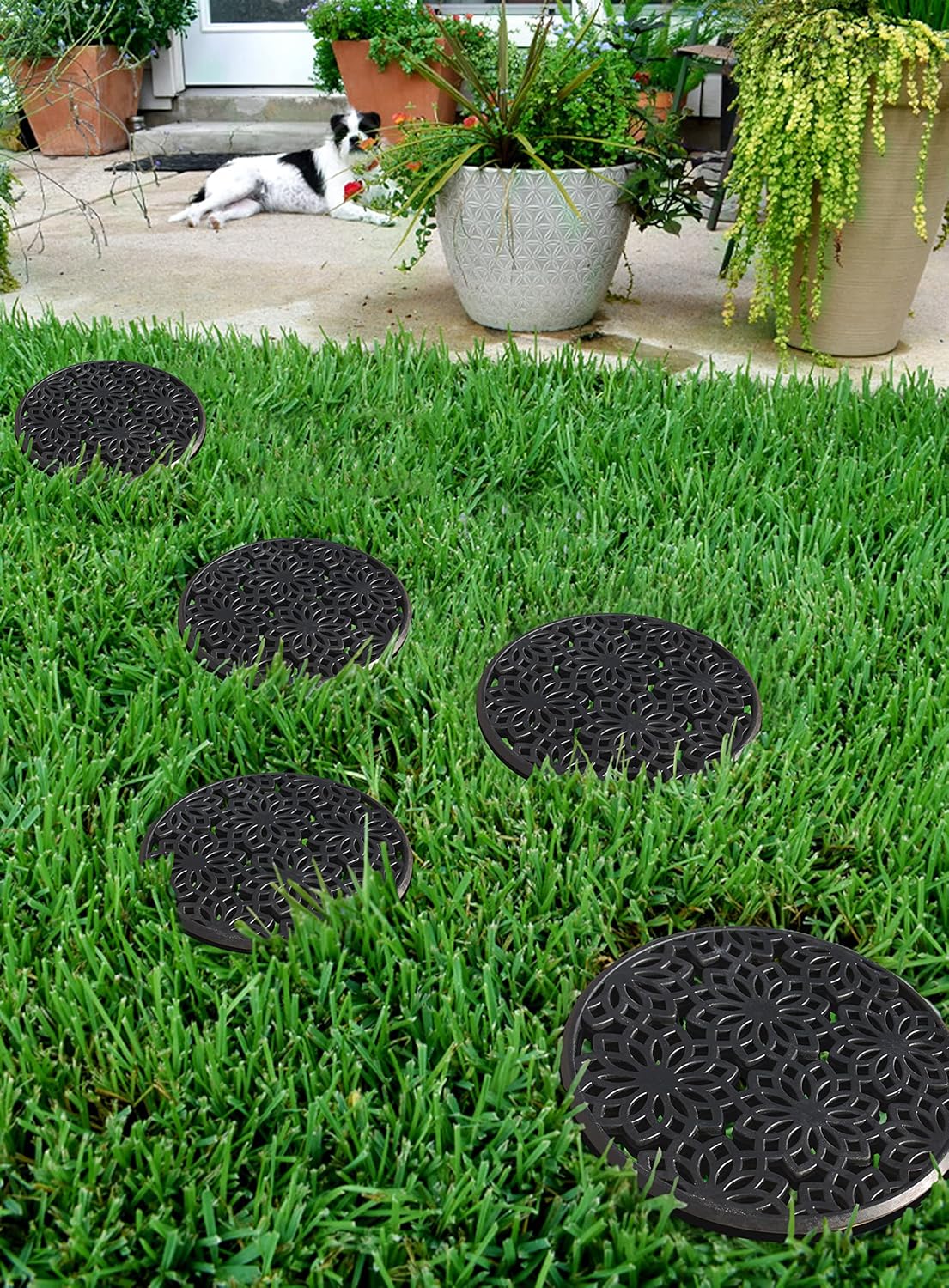 A1HC Rubber Multi Functional Garden Stepping Stone Paisley Round Black Mat , 14"X14" Set of 3