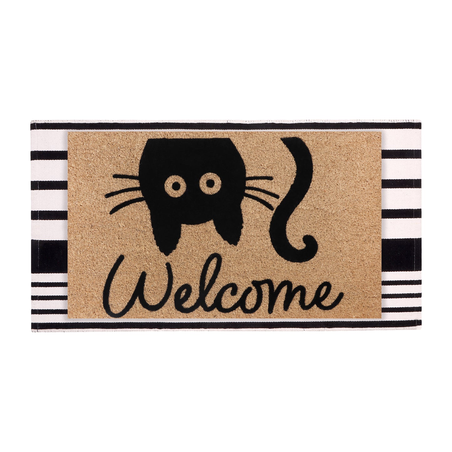 A1HC 100% Coir Welcome Mat with Black and White Striped Rug Combo Sets