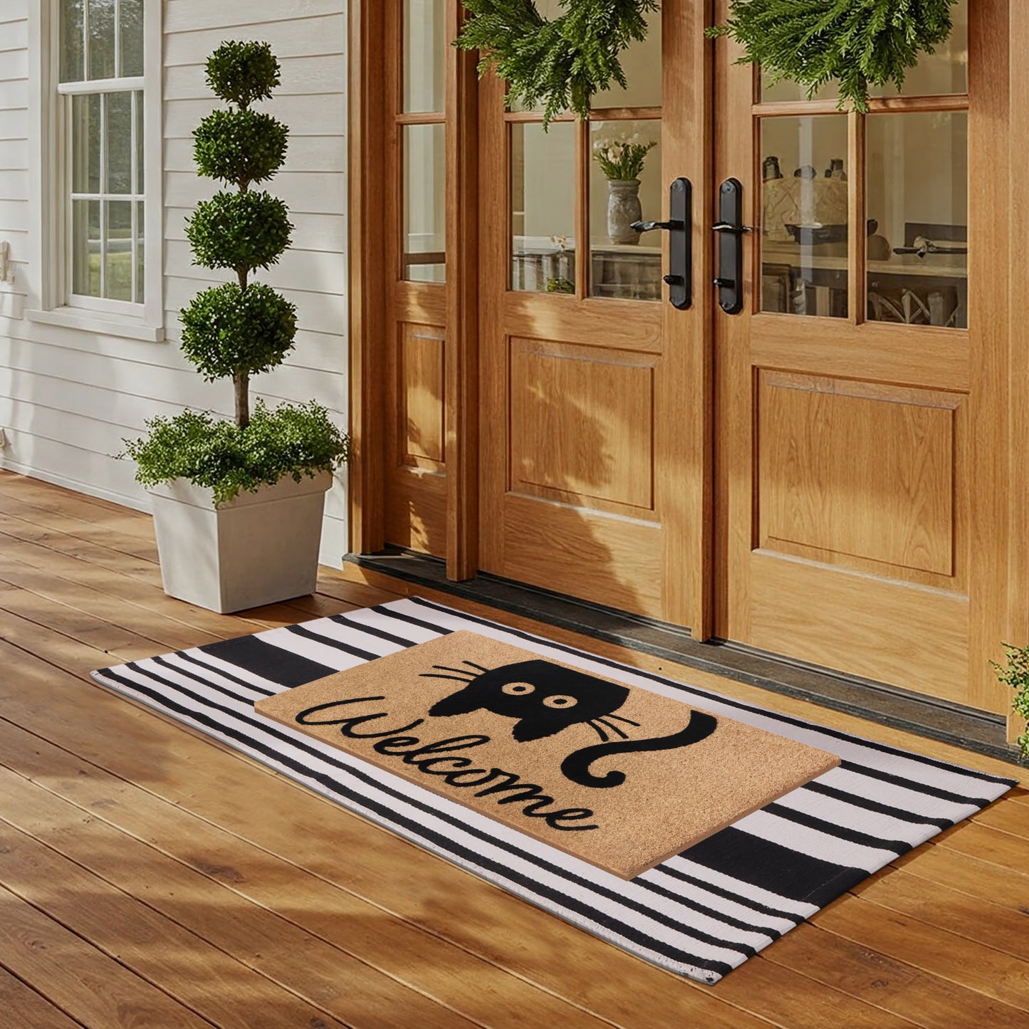 A1HC 100% Coir Welcome Mat with Black and White Striped Rug Combo Sets