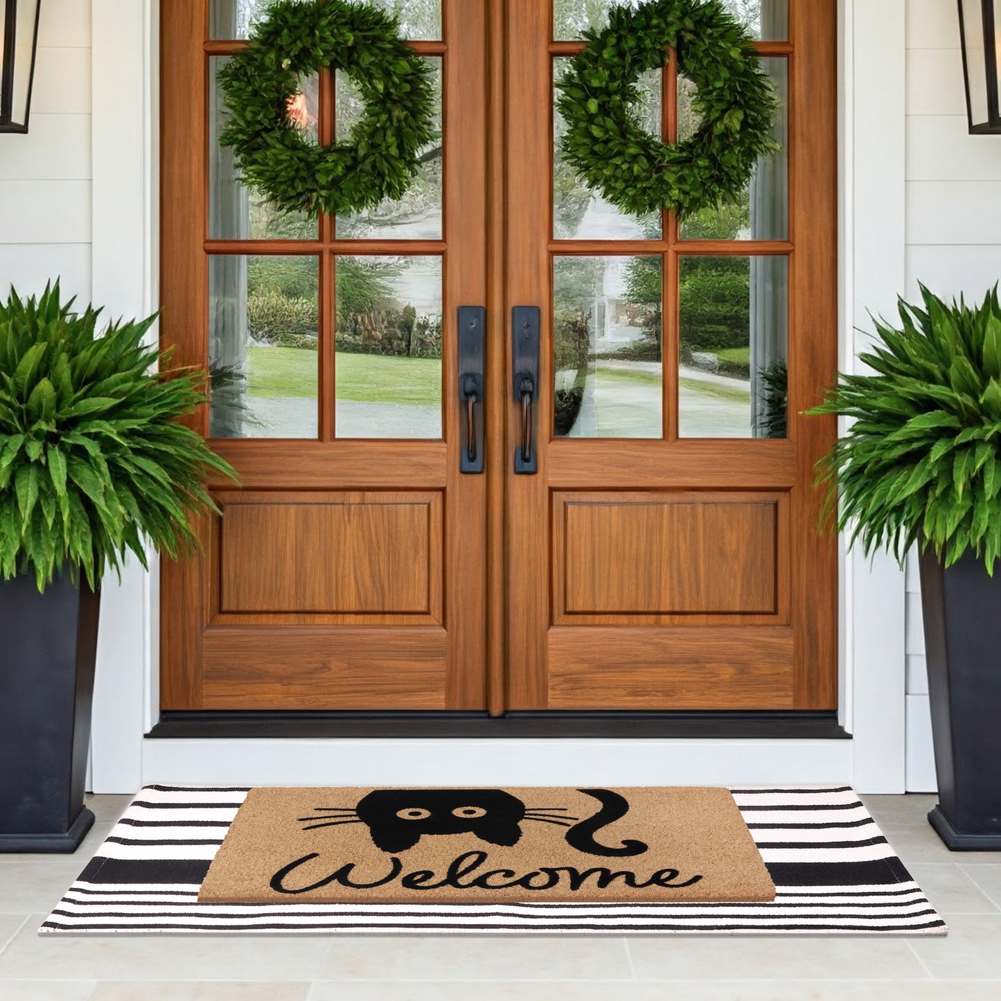 A1HC 100% Coir Welcome Mat with Black and White Striped Rug Combo Sets