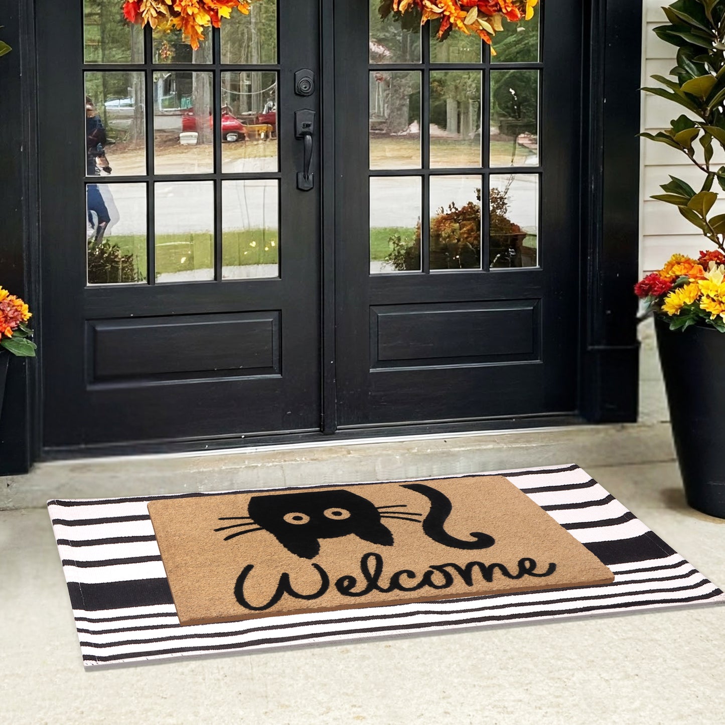 A1HC 100% Coir Welcome Mat with Black and White Striped Rug Combo Sets
