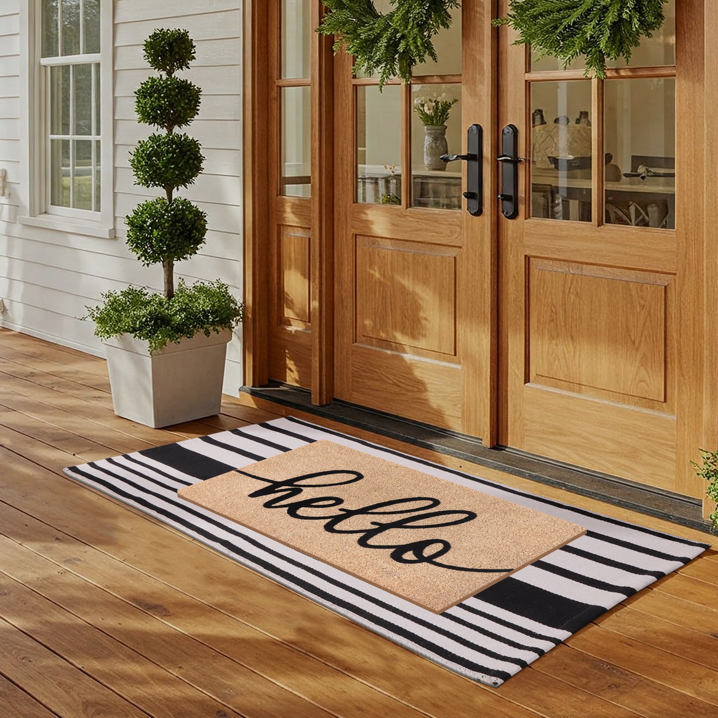A1HC 100% Coir Welcome Mat with Black and White Striped Rug Combo Sets