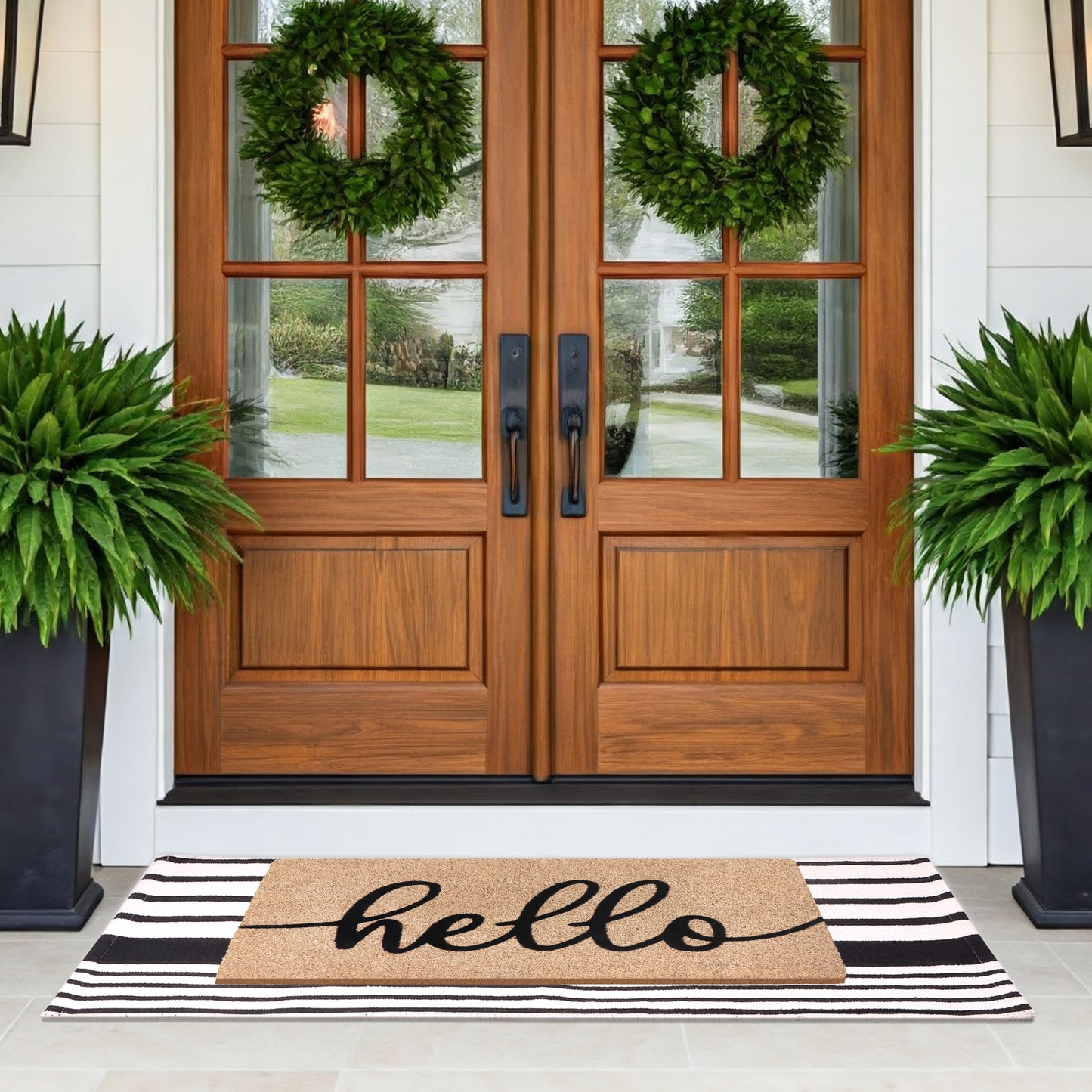 A1HC 100% Coir Welcome Mat with Black and White Striped Rug Combo Sets