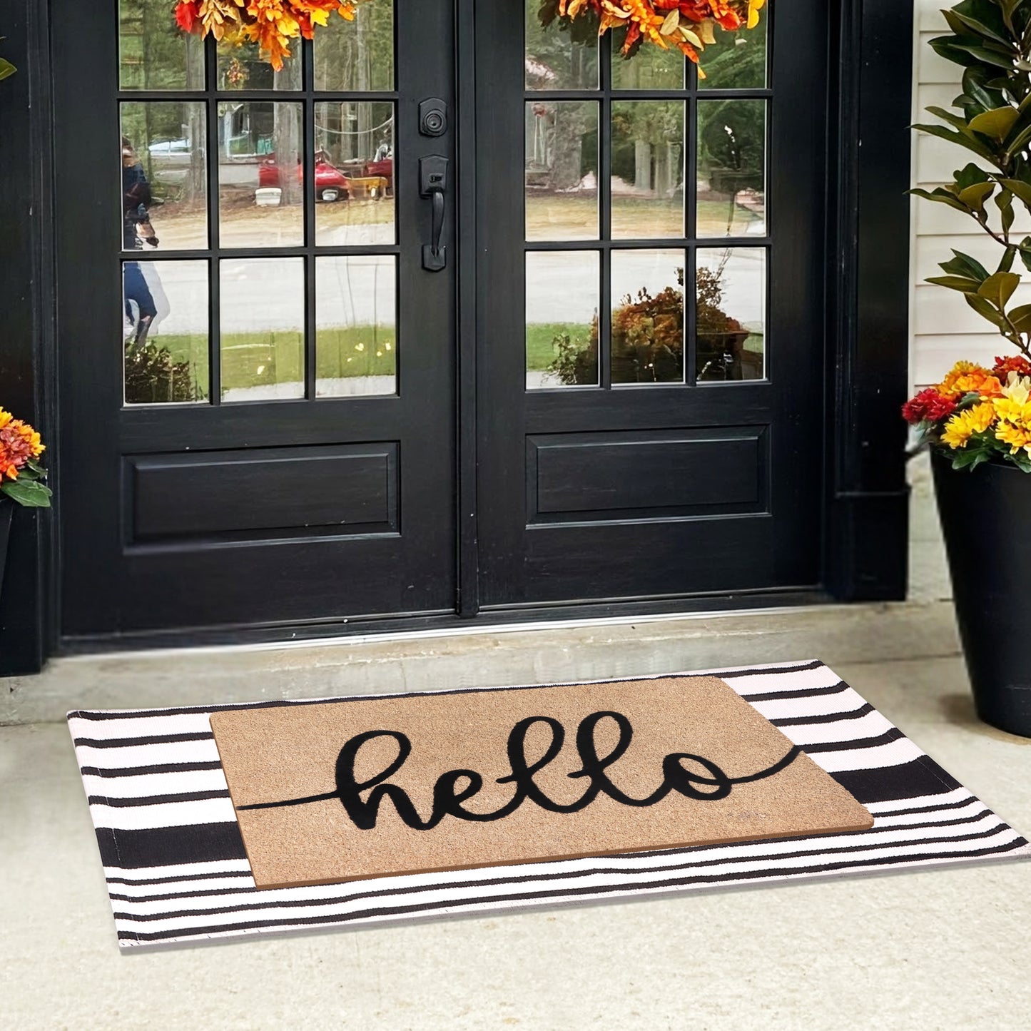 A1HC 100% Coir Welcome Mat with Black and White Striped Rug Combo Sets