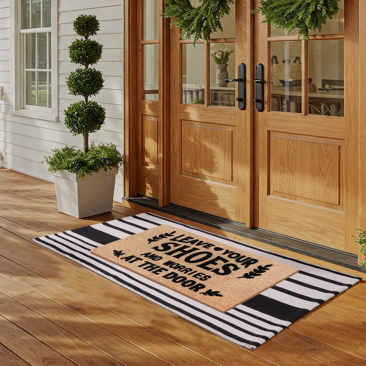 A1HC 100% Coir Welcome Mat with Black and White Striped Rug Combo Sets