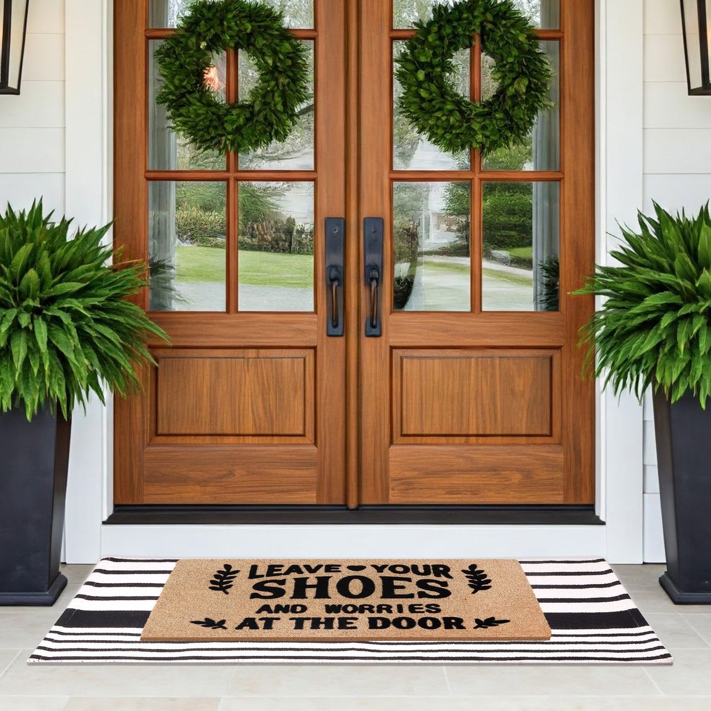 A1HC 100% Coir Welcome Mat with Black and White Striped Rug Combo Sets