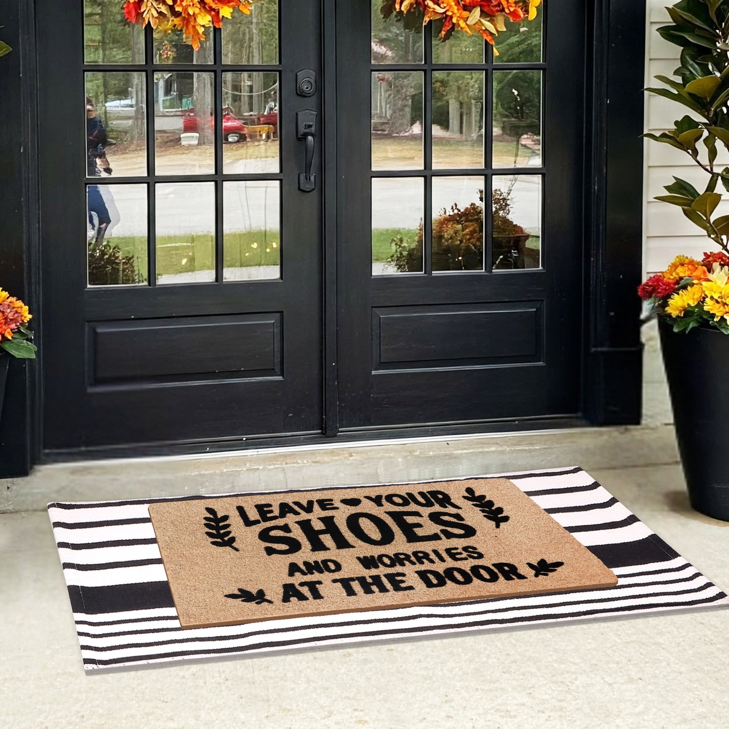 A1HC 100% Coir Welcome Mat with Black and White Striped Rug Combo Sets