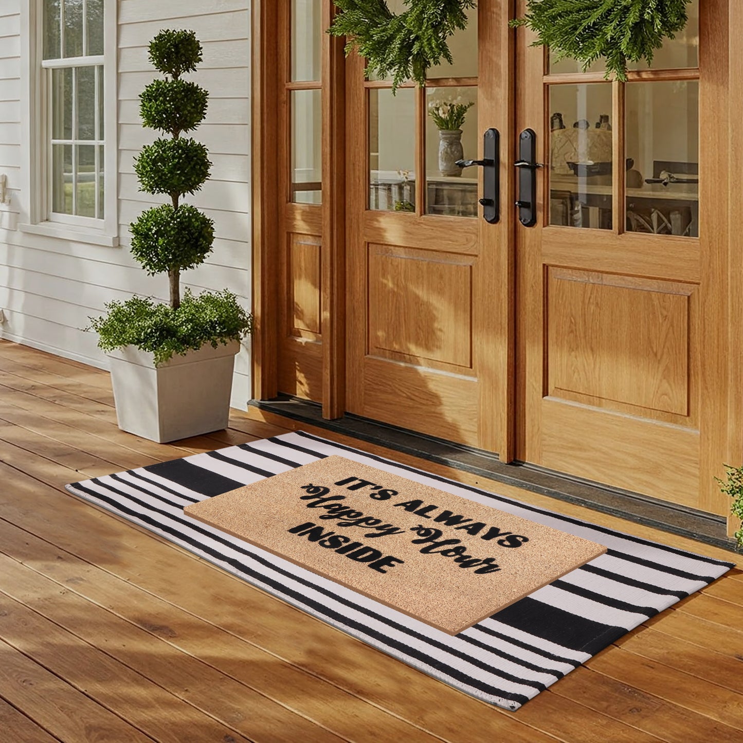 A1HC 100% Coir Welcome Mat with Black and White Striped Rug Combo Sets