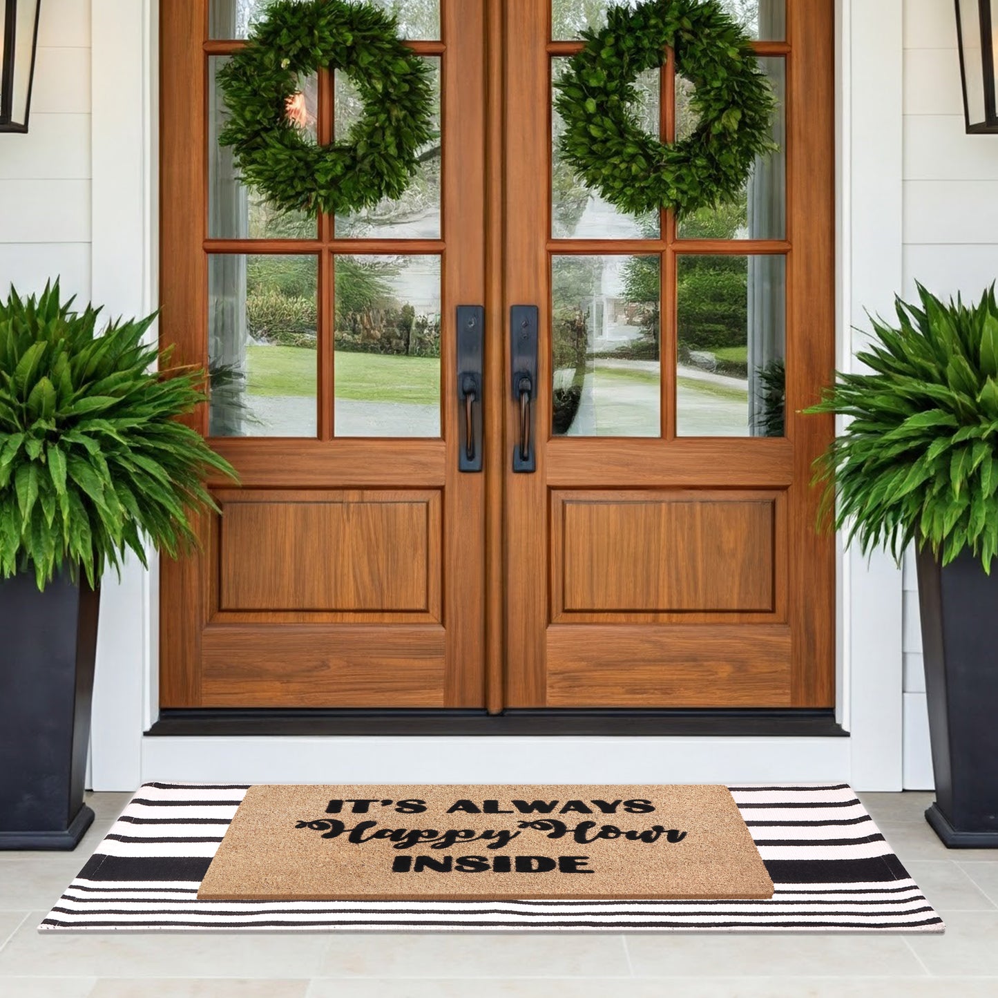 A1HC 100% Coir Welcome Mat with Black and White Striped Rug Combo Sets