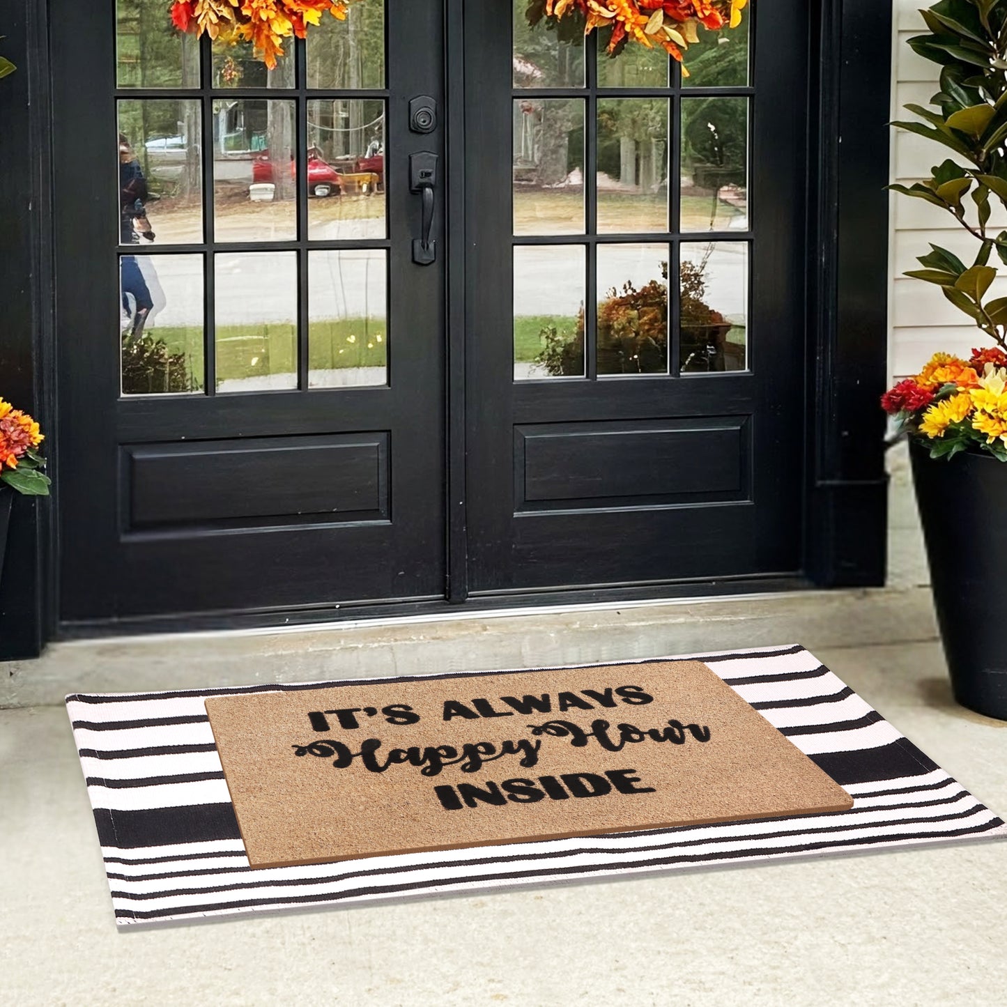 A1HC 100% Coir Welcome Mat with Black and White Striped Rug Combo Sets