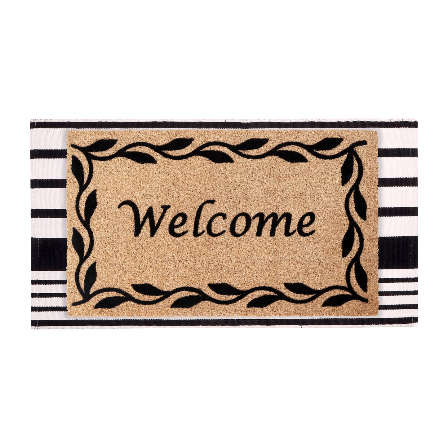 A1HC 100% Coir Welcome Mat with Black and White Striped Rug Combo Sets