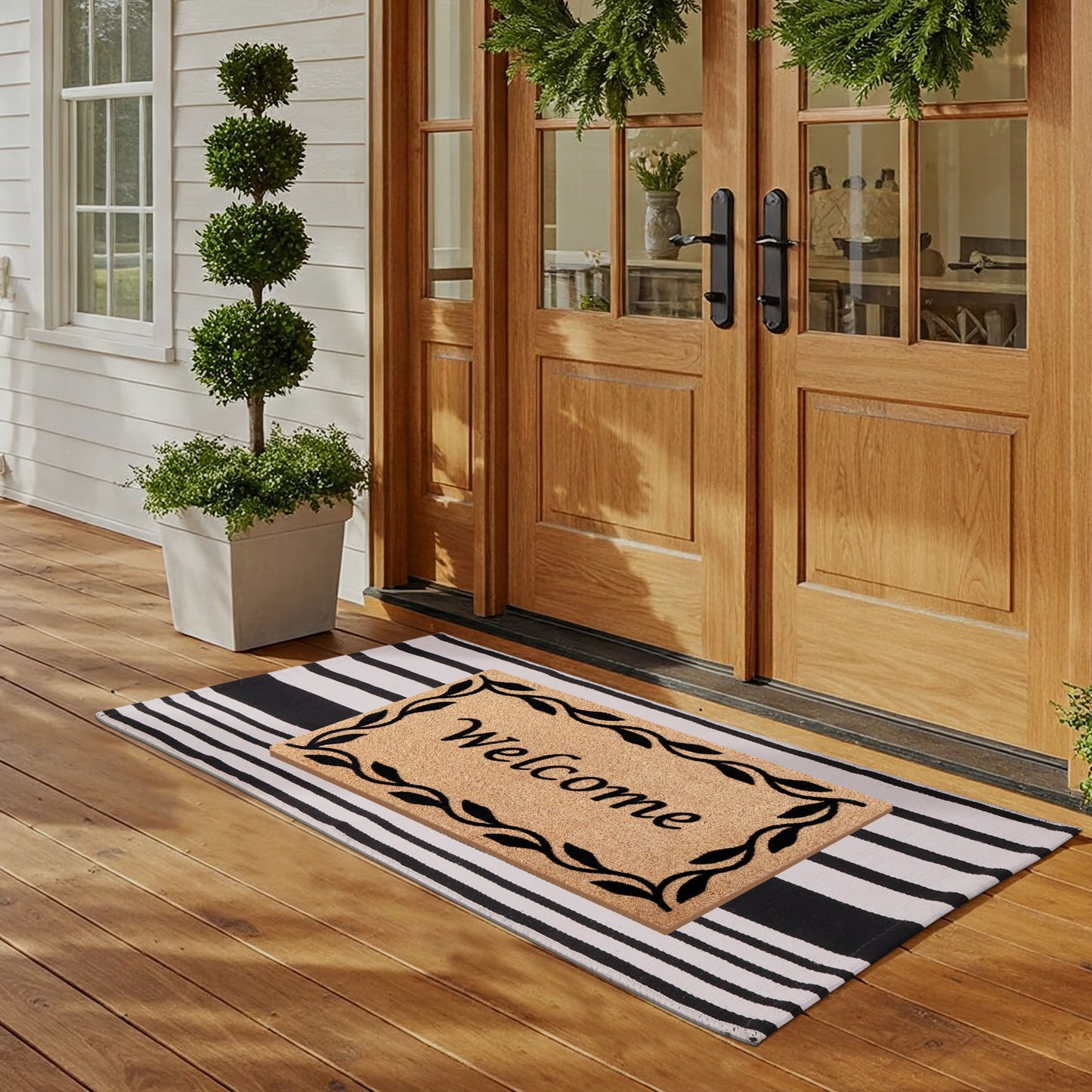 A1HC 100% Coir Welcome Mat with Black and White Striped Rug Combo Sets