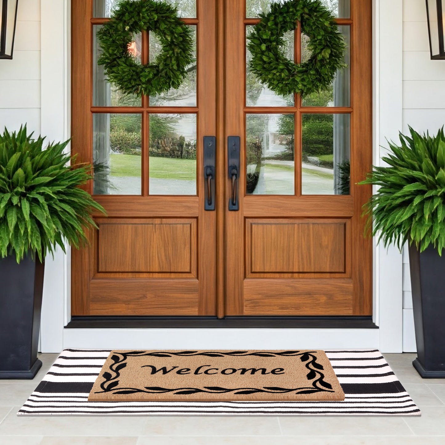 A1HC 100% Coir Welcome Mat with Black and White Striped Rug Combo Sets